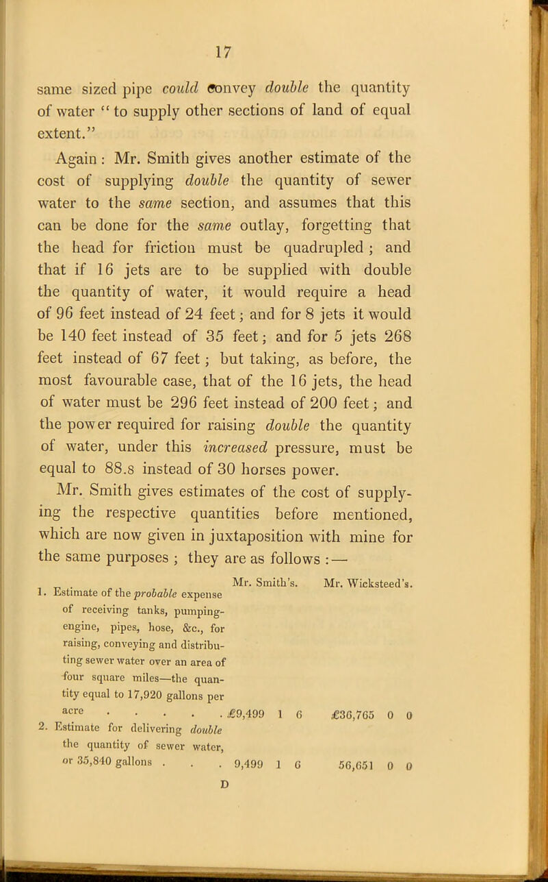 same sized pipe could convey double the quantity of water “ to supply other sections of land of equal extent.” Again : Mr. Smith gives another estimate of the cost of supplying double the quantity of sewer water to the same section, and assumes that this can be done for the sam,e outlay, forgetting that the head for friction must be quadrupled ; and that if 16 jets are to be supplied with double the quantity of water, it would require a head of 96 feet instead of 24 feet; and for 8 jets it would be 140 feet instead of 35 feet; and for 5 jets 268 feet instead of 67 feet; hut taking, as before, the most favourable case, that of the 16 jets, the head of water must be 296 feet instead of 200 feet; and the power required for raising double the quantity of water, under this increased pressure, must be equal to 88.s instead of 30 horses power. Mr. Smith gives estimates of the cost of supply- ing the respective quantities before mentioned, which are now given in juxtaposition with mine for the same purposes ; they are as follows : — . Mr. Smith’s. Mr. Wicksteed’s. 1. Estimate of the probable expense of receiving tanks, pumping- engine, pipes, hose, &c., for raising, conveying and distribu- ting sewer water over an area of four square miles—the quan- tity equal to 17,920 gallons per acre £9,499 1 6 £30,765 0 0 2. Estimate for delivering double the quantity of sewer water, or 35,840 gallons . . . 9,499 1 G 56,651 0 0 D