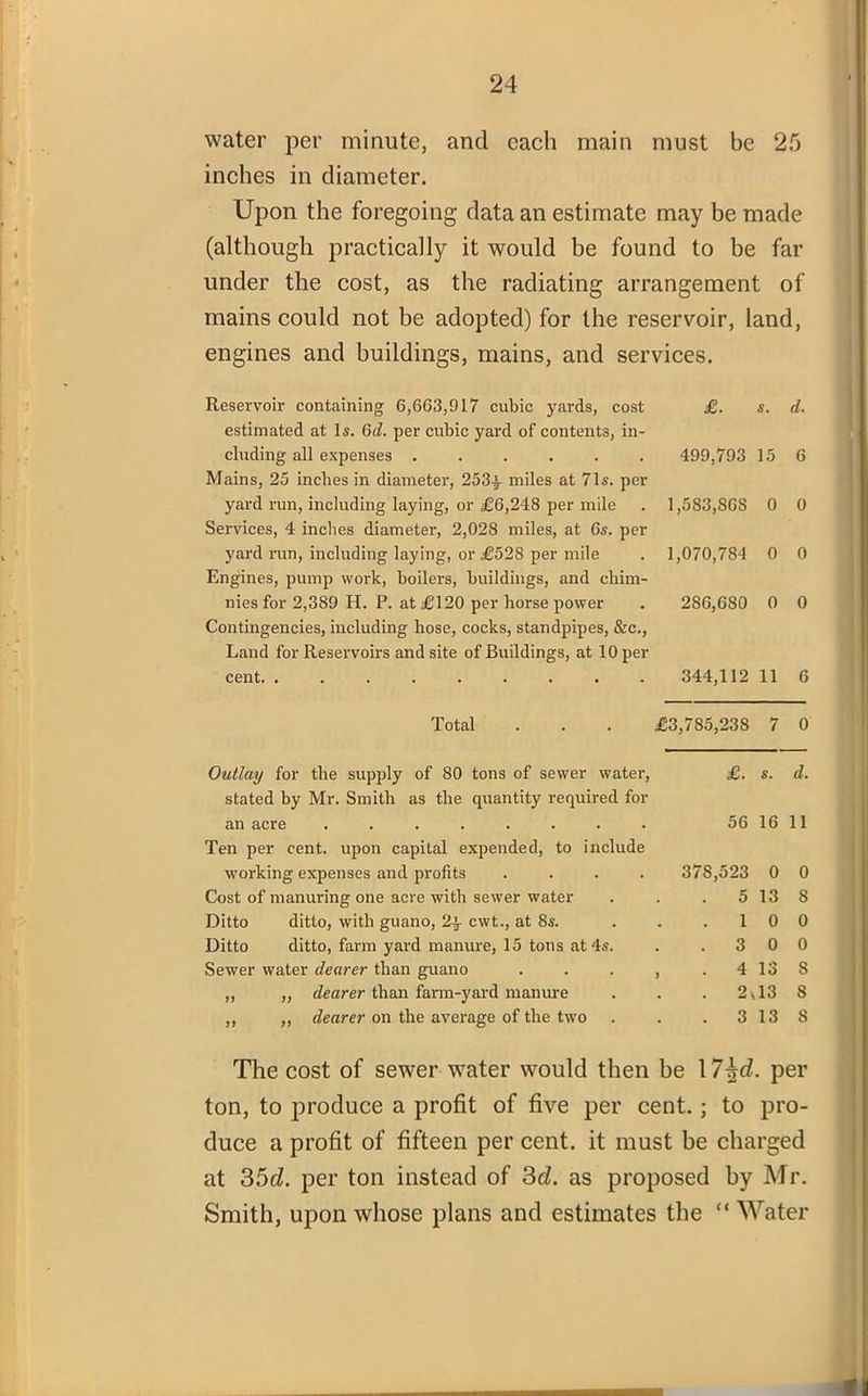 water per minute, and each main must be 25 inches in diameter. Upon the foregoing data an estimate may be made (although practically it would be found to be far under the cost, as the radiating arrangement of mains could not be adopted) for the reservoir, land, engines and buildings, mains, and services. Reservoir containing 6,663,917 cubic yards, cost £. s. d. estimated at Is. 6d. per cubic yard of contents, in- eluding all expenses ...... 499,793 15 6 Mains, 25 inches in diameter, 253^. miles at 71s. per yard run, including laying, or £6,248 per mile 1,583,80S 0 0 Services, 4 inches diameter, 2,028 miles, at 6s. per yard run, including laying, or £528 per mile 1,070,784 0 0 Engines, pump work, boilers, buildings, and chim- nies for 2,389 H. F. at £120 per horse power 286,680 0 0 Contingencies, including hose, cocks, standpipes, &c., Land for Reservoirs and site of Buildings, at 10 per cent. . 344,112 11 6 Total £3,785,238 7 0 Outlay for the supply of 80 tons of sewer water, £. S. d. stated by Mr. Smith as the quantity required for an acre . 56 16 11 Ten per cent, upon capital expended, to include working expenses and profits .... 378,523 0 0 Cost of manuring one acre with sewer water . 5 13 8 Ditto ditto, with guano, 2y cwt., at 8s. 1 0 0 Ditto ditto, farm yard manure, 15 tons at 4s. . 3 0 0 Sewer water dearer than guano , ■ 4 13 8 ,, „ dearer than farm-yard manure . 2 13 8 ,, ,, dearer on the average of the two . 3 13 8 The cost of sewer water would then be \7^d. per ton, to produce a profit of five per cent.; to pro- duce a profit of fifteen per cent, it must be charged at 35d. per ton instead of 3d. as proposed by Mr. Smith, upon whose plans and estimates the “ Water