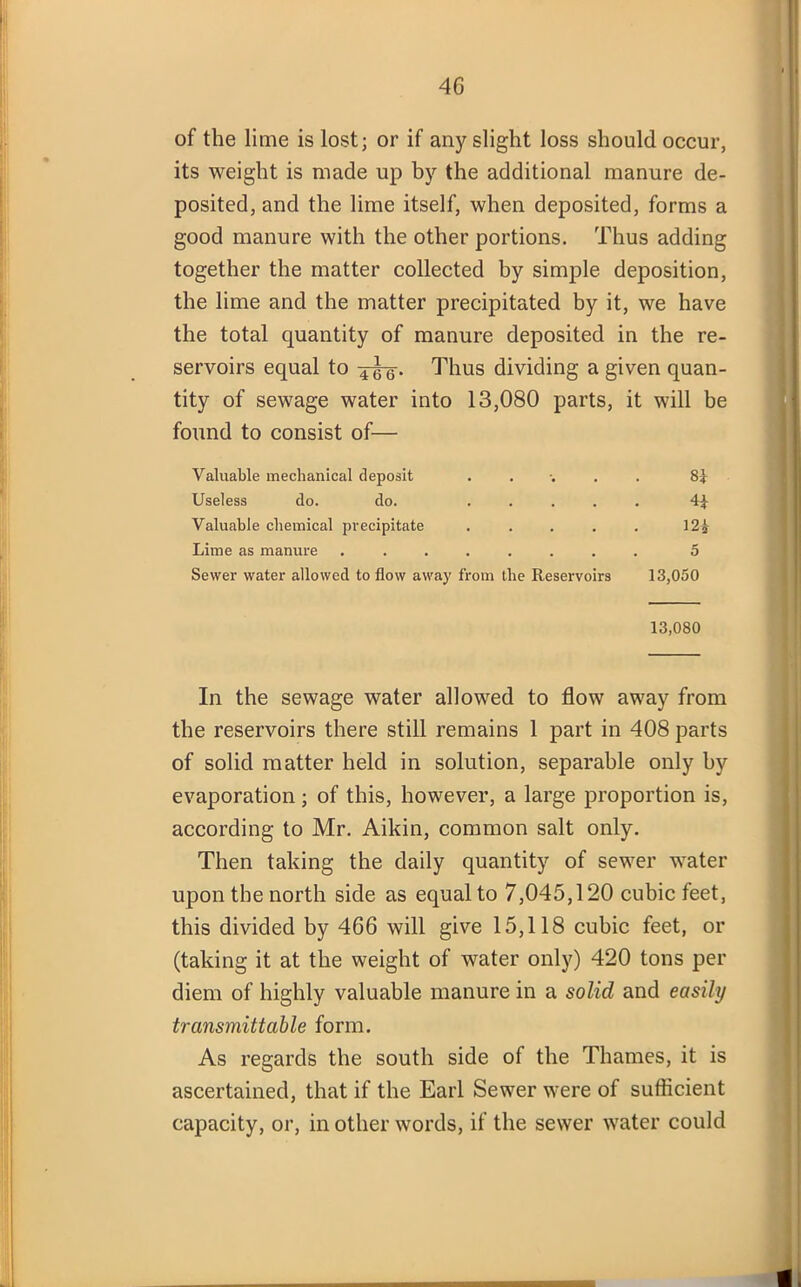 of the lime is lost; or if any slight loss should occur, its weight is made up by the additional manure de- posited, and the lime itself, when deposited, forms a good manure with the other portions. Thus adding together the matter collected by simple deposition, the lime and the matter precipitated by it, we have the total quantity of manure deposited in the re- servoirs equal to ^-g-. Thus dividing a given quan- tity of sewage water into 13,080 parts, it will be found to consist of— Valuable mechanical deposit . • 8i Useless do. do. . • 4i Valuable chemical precipitate . • m Lime as manure 5 Sewer water allowed to flow away from the Reservoirs 13,050 13,080 In the sewage water allowed to flow away from the reservoirs there still remains 1 part in 408 parts of solid matter held in solution, separable only by evaporation; of this, however, a large proportion is, according to Mr. Aikin, common salt only. Then taking the daily quantity of sewer water upon the north side as equal to 7,045,120 cubic feet, this divided by 466 will give 15,118 cubic feet, or (taking it at the weight of water only) 420 tons per diem of highly valuable manure in a solid and easily transmittable form. As regards the south side of the Thames, it is ascertained, that if the Earl Sewer were of sufficient capacity, or, in other words, if the sewer water could