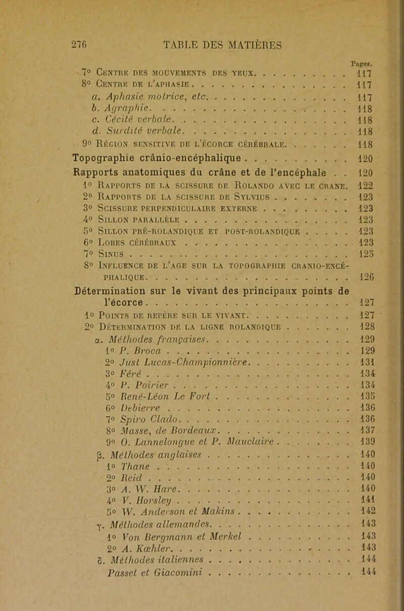 rngen. 7° Centre des mouvements des yeux 117 8° Centre de l’aphasie 117 a. Aphasie motrice, etc 117 b. Agraphie 118 c. Cécité verbale 118 d. Surdité verbale 118 9° Région sensitive de l’écorce cérébrale 118 Topographie crânio-encéphalique 120 Rapports anatomiques du crâne et de l’encéphale . . 120 1° Rapports de la scissure de Rolando avec le crâne. 122 2° Rapports de la scissure de Sylvius 123 3° Scissure perpendiculaire externe 123 4° Sillon parallèle 123 5° Sillon pré-rolandique et post-rolandique 123 6° Lobes cérébraux 123 7° Sinus 123 8° Influence de l’ac.e sur la topographie cranio-encé- piialique 126 Détermination sur le vivant des principaux points de l'écorce 127 1° Points de repère sur le vivant 127 ' 2° Détermination de la ligne rolandique 128 а. Méthodes françaises 129 1° P. liroca 129 2° Just Lucas-Championnière 131 3° Féré 134 4° lJ. Poirier 134 5° René-Léon Le Fort 133 6° Debierre 136 7° Spiro Clado 136 8° Masse, de Cordeaux 137 9° O. Lannelonç/ue et P. Mauclaire 139 p. Méthodes anglaises 140 1« Thane 140 2“ Reid 140 3° A. W. Hare 140 4° V. Horsley 141 5° W. Anderson et Maleins 142 y. Méthodes allemandes 143 1» Von Bergmann et Merlcel 143 2° A. Kœhler 143 б. Méthodes italiennes 144 Passel et Giacoinini 144