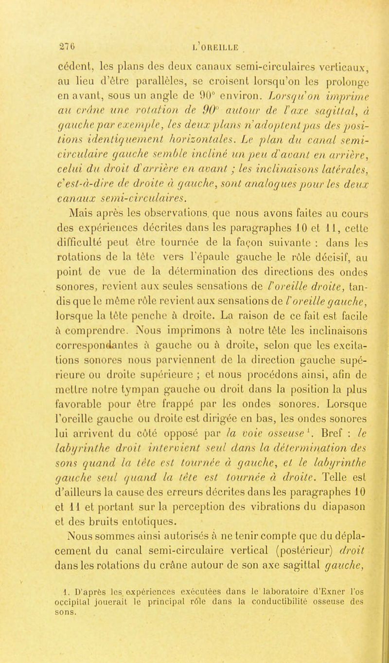 l’oueilliî 27 ü cèdent, les plans des deux canaux semi-circulaires verticaux, au lieu d’ôtre parallèles, se croisent lorsqu’on les prolonge en avant, sous un angle de 1)0® environ. Lorsqu'on imprime au crâne une rotation de 90 autour de l’axe sagittal, à gauche par exemple, les deux plans n adoptentqjas des posi- tions identiquement horizontales. Le plan du canal semi- circulaire gauche semble incliné un peu d'aoant en arrière, celui du droit d'arrière en avant ; les inclinaisons latérales, c'est-à-dire de droite à gauche, sont analogues pour les deux canaux semi-circulaires. Mais après les observations, que nous avons faites au cours des expériences décrites dans les paragraphes 10 et il, cette difficulté peut être tournée de la façon suivante : dans les rotations de la tète vers l’épaule gauche le rôle décisif, au point de vue de la détermination des directions des ondes sonores, revient aux seules sensations de l'oreille droite, tan- dis que le même rôle revient aux sensations de l'oreille gauche, lorsque la tète penche à droite. La raison de ce fait est facile ô comprendre. .\ous imprimons à notre tête les inclinaisons correspondantes à gauche ou ô droite, selon que les excita- tions sonores nous parviennent de la direction gauche supé- l'ieure ou droite supérieure ; et nous procédons ainsi, afin de mettre notre tympan gauche ou droit dans la position la plus favorable pour être frappé par les ondes sonores. Lorsque l’oreille gauche ou droite est dirigée en bas, les ondes sonores lui arrivent du côté opposé par la voie osseuse^. Bref : le labyrinthe droit intervient seul dans la détermination des sons quand la tête est tournée à gauche, et le labyrinthe gauche seid quand la tète est tournée à, droite. Telle est d’ailleurs la cause des erreurs décrites dans les paragraphes 10 et 11 et portant sur la perception des vibrations du diapason et des bruits entotiques. xNous sommes ainsi autorisés à ne tenir compte que du dépla- cement du canal semi-circulaire vertical (postérieur) droit dans les rotations du crâne autour de son axe sagittal gauche, 1. D’après les, expériences exécutées dans le laboratoire d’Exner l'os occipital jouerait le principal rôle dans la conductibilité osseuse des sons.