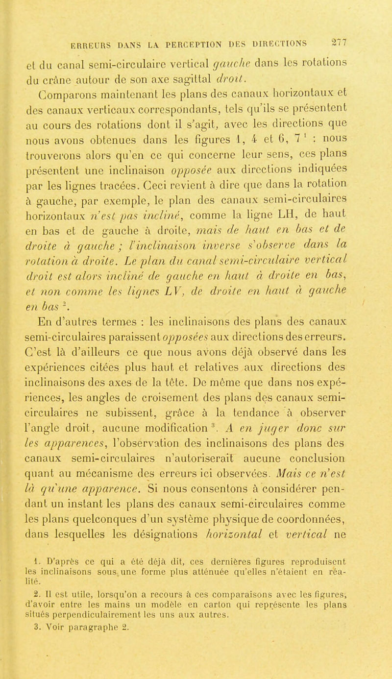 et du canal semi-circulairc vertical gauche dans les rotations du crâne autour de son axe sagittal droit. Comparons maintenant les plans des canaux horizontaux et des canaux verticaux correspondants, tels qu’ils se présentent au cours des rotations dont il s’agit, avec les directions que nous avons obtenues dans les figures 1, 4 et 6, 7‘ : nous trouverons alors qu’en ce qui concerne leur sens, ces plans présentent une inclinaison opposée aux directions indicjuées par les lignes tracées. Ceci revient à dire que dans la rotation à gauche, par exemple, le plan des canaux semi-circulaires horizontaux n est pas incliné, comme la ligne LH, de haut en bas et de gauche à droite, mais de haut en bas et de droite à gauche ; l’inclinaison inverse s'observe dans la rotation à droite. Le plan du canal semi-circulaire vertical droit est alors incliné de gauche en haut à droite en bas, et non comme les lignes LV, de droite en haut ci gauche en bas En d’autres ternies ; les inclinaisons des plans des canaux semi-circulaires paraissent aux directions des erreurs. C’est là d’ailleurs ce que nous avons déjà observé dans les expériences citées plus haut et relatives aux directions des inclinaisons des axes de la tête. De même que dans nos expé- riences, les angles de croisement des plans des canaux semi- circulaires ne subissent, grâce à la tendance à observer l’angle droit, aucune modification®. A en juger donc sur les apparences, l’observation des inclinaisons des plans des canaux semi-circulaires n’autoriserait aucune conclusion quant au mécanisme des erreurs ici observées. Mais ce n’est là qu'une apparence. Si nous consentons à considérer pen- dant un instant les plans des canaux semi-circulaires comme les plans quelconques d’un système physique de coordonnées, dans lesquelles les désignations horizontal et vertical ne 1. D’après ce qui a été déjà dit, ces dernières figures reproduisent les inclinaisons sous une forme plus atténuée qu’elles n’étaient en réa- lité. 2. Il est utile, lorsqu’on a recours à ces comparaisons avec les figures, d’avoir entre les mains un modèle en carton qui représente les plans situés perpendiculairement les uns aux autres. 3. Voir paragraphe 2.