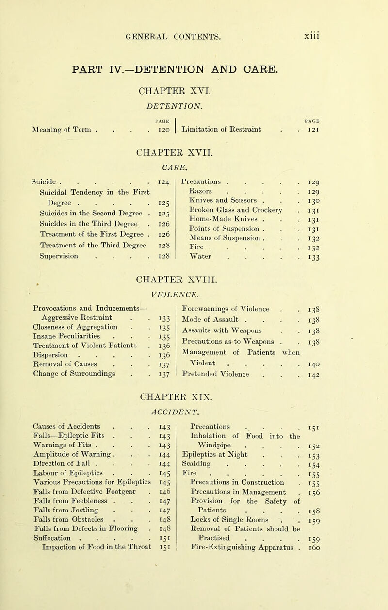 PART IV.—DETENTION AND CARE. CHAPTER XVI. DETENTION. Meaning of Term . PAGE I PAGE 120 Limitation of Restraint . . 121 CHAPTER XVII. CARE. Suicide . . . . . .124 Suicidal Tendency in the First Degree . . . . .125 Suicides in the Second Degree . 125 Suicides in the Third Degree . 126 Treatment of the First Degree . 126 Treatment of the Third Degree 128 Supervision . . . .128 Precautions . . . .129 Razors . . . . .129 Knives and Scissors . . .130 Broken Glass and Crockery . 131 Home-Made Knives . . -131 Points of Suspension . . 131 Means of Suspension . . .132 Fire 132 Water ..... 133 CHAPTER XVIII. VIOLENCE. Provocations and Inducements— Aggressive Restraint • '33 Closeness of Aggregation • 135 Insane Peculiarities • 135 Treatment of Violent Patients • 136 Dispersion .... • 136 Removal of Causes • 137 Change of Surroundings • 137 Forewarnings of Violence . .138 Mode of Assault . . . .138 Assaults with Weapons . .138 Precautions as to Weapons . -138 Management of Patients when Violent 140 Pretended Violence . . . 142 CHAPTER XIX. ACCIDENT. Causes of Accidents . . .143 Falls—Epileptic Fits . . .143 Warnings of Fits . . . .143 Amplitude of Warning . . .144 Direction of Fall . . . .144 Labour of Epileptics . . .145 Various Precautions for Epileptics 145 Falls from Defective Footgear . 146 Falls from Feebleness . . .147 Falls from Jostling . 147 Falls from Obstacles . . .148 Falls from Defects in Flooring . 148 Suffocation . . . . • 151 Impaction of Food in the Throat 151 Precautions . . . .151 Inhalation of Food into the Windpipe . . . .152 Epileptics at Night . . 153 Scalding . . . . -154 Fire 135 Precautions in Construction . 155 Precautions in Management . 156 Provision for the Safety of Patients . . . .158 Locks of Single Rooms . .159 Removal of Patients should be Practised . . . 159 Fire-Extinguishing Apparatus . 160