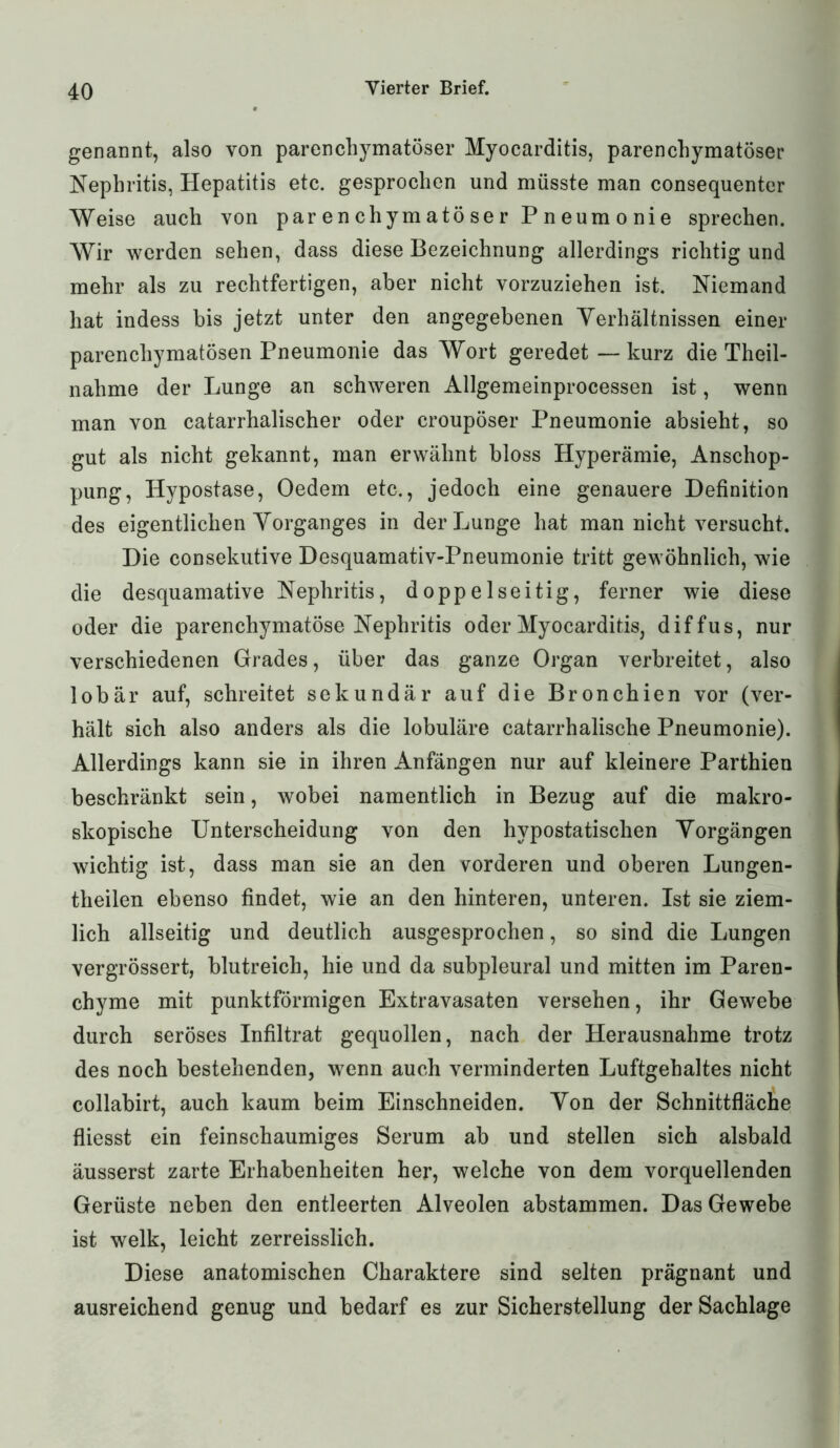 genannt, also von parenchymatöser Myocarditis, parenchymatöser Nephritis, Hepatitis etc. gesprochen und müsste man consequenter Weise auch von parenchymatöser Pneumonie sprechen. Wir werden sehen, dass diese Bezeichnung allerdings richtig und mehr als zu rechtfertigen, aber nicht vorzuziehen ist. Niemand hat indess bis jetzt unter den angegebenen Verhältnissen einer parenchymatösen Pneumonie das Wort geredet — kurz die Theil- nahme der Lunge an schweren Allgemeinprocessen ist, wenn man von catarrhalischer oder croupöser Pneumonie absieht, so gut als nicht gekannt, man erwähnt bloss Hyperämie, Anschop- pung, Hypostase, Oedem etc., jedoch eine genauere Definition des eigentlichen Vorganges in der Lunge hat man nicht versucht. Die consekutive Desquamativ-Pneumonie tritt gewöhnlich, wie die desquamative Nephritis, doppelseitig, ferner wie diese oder die parenchymatöse Nephritis oder Myocarditis, diffus, nur verschiedenen Grades, über das ganze Organ verbreitet, also lobär auf, schreitet sekundär auf die Bronchien vor (ver- hält sich also anders als die lobuläre catarrhalische Pneumonie). Allerdings kann sie in ihren Anfängen nur auf kleinere Parthien beschränkt sein, wobei namentlich in Bezug auf die makro- skopische Unterscheidung von den hypostatischen Vorgängen wichtig ist, dass man sie an den vorderen und oberen Lungen- theilen ebenso findet, wie an den hinteren, unteren. Ist sie ziem- lich allseitig und deutlich ausgesprochen, so sind die Lungen vergrössert, blutreich, hie und da subpleural und mitten im Paren- chyme mit punktförmigen Extravasaten versehen, ihr Gewebe durch seröses Infiltrat gequollen, nach der Herausnahme trotz des noch bestehenden, wenn auch verminderten Luftgehaltes nicht collabirt, auch kaum beim Einschneiden. Von der Schnittfläche fliesst ein feinschaumiges Serum ab und stellen sich alsbald äusserst zarte Erhabenheiten her, welche von dem vorquellenden Gerüste neben den entleerten Alveolen abstammen. Das Gewebe ist welk, leicht zerreisslich. Diese anatomischen Charaktere sind selten prägnant und ausreichend genug und bedarf es zur Sicherstellung der Sachlage