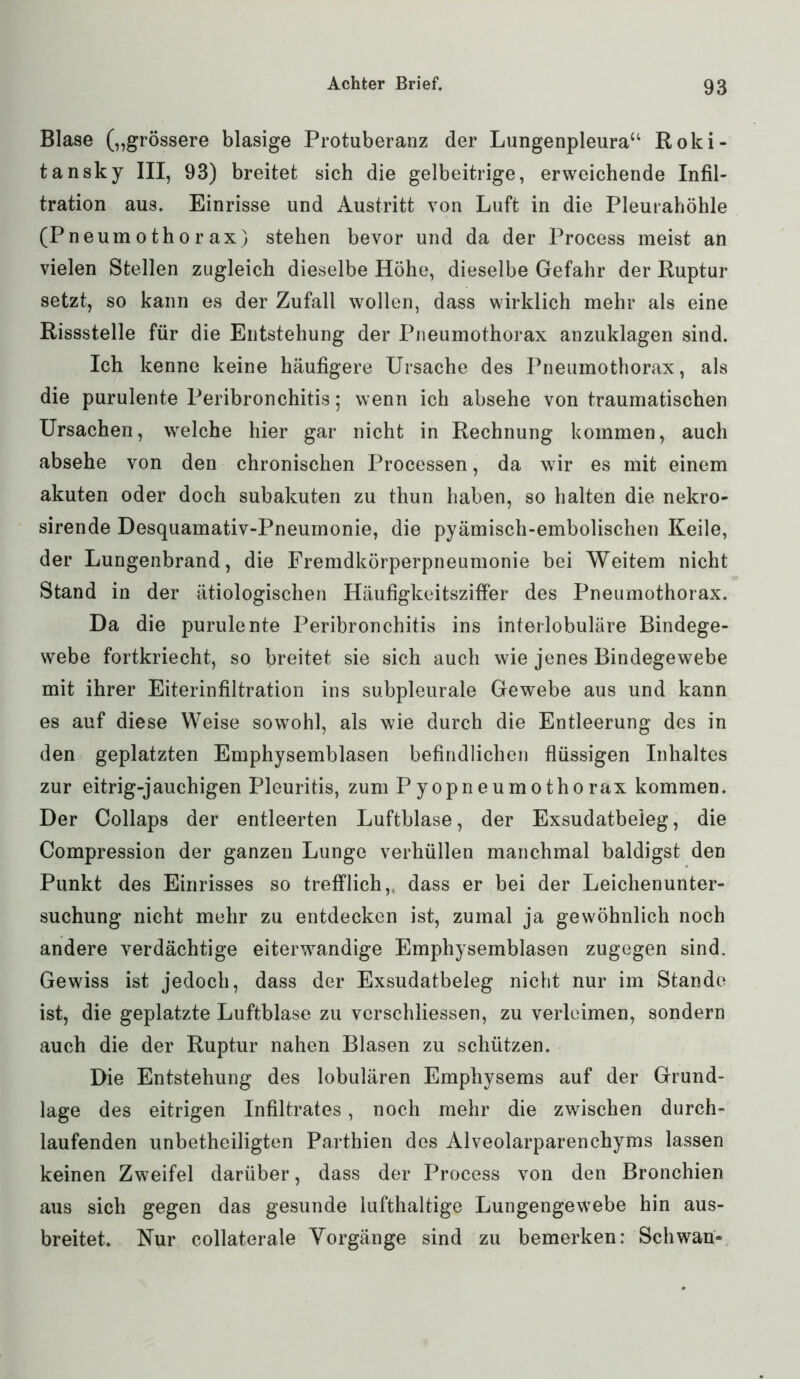 Blase („grössere blasige Protuberanz der Lungenpleura“ Roki- tansky III, 93) breitet sich die gelbeitrige, erweichende Infil- tration aus. Einrisse und Austritt von Luft in die Pleurahöhle (Pneumothorax) stehen bevor und da der Process meist an vielen Stellen zugleich dieselbe Höhe, dieselbe Gefahr der Ruptur setzt, so kann es der Zufall wollen, dass wirklich mehr als eine Rissstelle für die Entstehung der Pneumothorax anzuklagen sind. Ich kenne keine häufigere Ursache des Pneumothorax, als die purulente Peribronchitis; wenn ich absehe von traumatischen Ursachen, welche hier gar nicht in Rechnung kommen, auch absehe von den chronischen Processen, da wir es mit einem akuten oder doch subakuten zu thun haben, so halten die nekro- sirende Desquamativ-Pneumonie, die pyämisch-embolischen Keile, der Lungenbrand, die Fremdkörperpneumonie bei Weitem nicht Stand in der ätiologischen Häufigkeitsziffer des Pneumothorax. Da die purulente Peribronchitis ins interlobuläre Bindege- webe fortkriecht, so breitet sie sich auch wie jenes Bindegewebe mit ihrer Eiterinfiltration ins subpleurale Gewebe aus und kann es auf diese Weise sowohl, als wie durch die Entleerung des in den geplatzten Emphysemblasen befindlichen flüssigen Inhaltes zur eitrig-jauchigen Pleuritis, zum Pyopneumothorax kommen. Der Collaps der entleerten Luftblase, der Exsudatbeieg, die Compression der ganzen Lunge verhüllen manchmal baldigst den Punkt des Einrisses so trefflich, dass er bei der Leichenunter- suchung nicht mehr zu entdecken ist, zumal ja gewöhnlich noch andere verdächtige eiterwandige Emphysemblasen zugegen sind. Gewiss ist jedoch, dass der Exsudatbeleg nicht nur im Stande ist, die geplatzte Luftblase zu verschliessen, zu verleimen, sondern auch die der Ruptur nahen Blasen zu schützen. Die Entstehung des lobulären Emphysems auf der Grund- lage des eitrigen Infiltrates, noch mehr die zwischen durch- laufenden unbetheiligten Parthien des Alveolarparenchyms lassen keinen Zweifel darüber, dass der Process von den Bronchien aus sich gegen das gesunde lufthaltige Lungengewebe hin aus- breitet. Nur collaterale Vorgänge sind zu bemerken: Schwan-