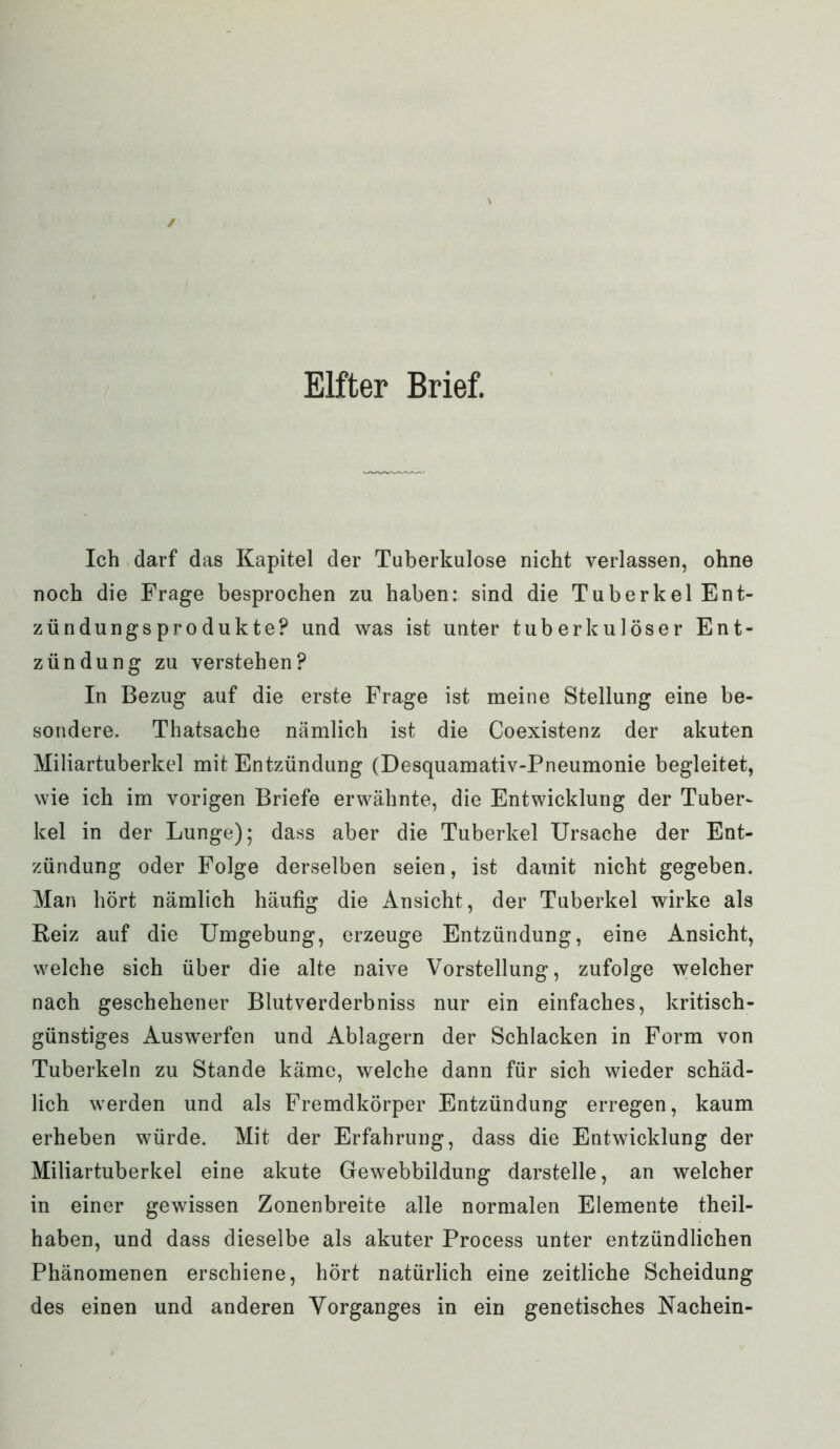Elfter Brief. Ich darf das Kapitel der Tuberkulose nicht verlassen, ohne noch die Frage besprochen zu haben: sind die Tuberkel Ent- zündung-sprodukte? und was ist unter tuberkulöser Ent- zündung zu verstehen? In Bezug auf die erste Frage ist meine Stellung eine be- sondere. Thatsache nämlich ist die Coexistenz der akuten Miliartuberkel mit Entzündung (Desquamativ-Pneumonie begleitet, wie ich im vorigen Briefe erwähnte, die Entwicklung der Tuber- kel in der Lunge); dass aber die Tuberkel Ursache der Ent- zündung oder Folge derselben seien, ist damit nicht gegeben. Man hört nämlich häufig die Ansicht, der Tuberkel wirke als Reiz auf die Umgebung, erzeuge Entzündung, eine Ansicht, welche sich über die alte naive Vorstellung, zufolge welcher nach geschehener Blutverderbniss nur ein einfaches, kritisch- günstiges Auswerfen und Ablagern der Schlacken in Form von Tuberkeln zu Stande käme, welche dann für sich wieder schäd- lich werden und als Fremdkörper Entzündung erregen, kaum erheben würde. Mit der Erfahrung, dass die Entwicklung der Miliartuberkel eine akute Gewebbildung darstelle, an welcher in einer gewissen Zonenbreite alle normalen Elemente theil- haben, und dass dieselbe als akuter Process unter entzündlichen Phänomenen erschiene, hört natürlich eine zeitliche Scheidung des einen und anderen Vorganges in ein genetisches Nachein-