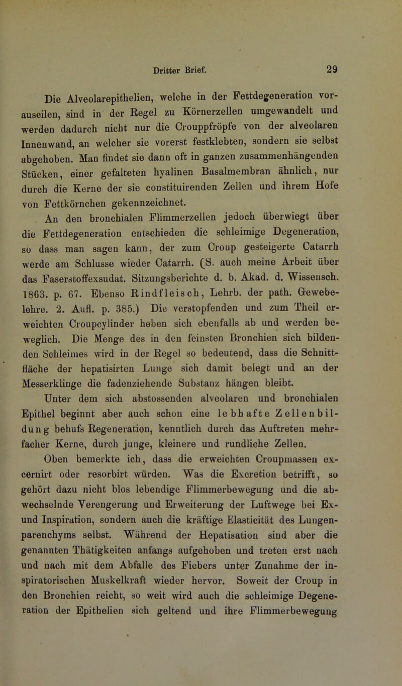 Die Alveolarepithelien, welche in der Fettdegeneration vor- auseilen, sind in der Regel zu Körnerzellen umgewandelt und werden dadurch nicht nur die Crouppfröpfe von der alveolaren Innenwand, an welcher sie vorerst festklebten, sondern sie selbst abgehoben. Man findet sie dann oft in ganzen zusammenhängenden Stücken, einer gefalteten hyalinen Basalmembran ähnlich, nur durch die Kerne der sie constituirenden Zellen und ihrem Hofe von Fettkörnchen gekennzeichnet. An den bronchialen Flimmerzellen jedoch überwiegt über die Fettdegeneration entschieden die schleimige Degeneration, so dass man sagen kann, der zum Croup gesteigerte Catarrh werde am Schlüsse wieder Catarrh. (S. auch meine Arbeit über das Faserstoffexsudat. Sitzungsberichte d. b. Akad. d. Wissensch. 1863. p. 67. Ebenso Rindfleisch, Lehrb. der path. Gewebe- lehre. 2. Auf!, p. 385.) Die verstopfenden und zum Theil er- weichten Croupcylinder heben sich ebenfalls ab und werden be- weglich. Die Menge des in den feinsten Bronchien sich bilden- den Schleimes wird in der Regel so bedeutend, dass die Schnitt- fläche der hepatisirten Lunge sich damit belegt und an der Messerklinge die fadenziehende Substanz hängen bleibt. Unter dem sich abstossenden alveolaren und bronchialen Epithel beginnt aber auch schon eine lebhafte Zellenbil- dung behufs Regeneration, kenntlich durch das Auftreten mehr- facher Kerne, durch junge, kleinere und rundliche Zellen. Oben bemerkte ich, dass die erweichten Croupmassen ex- cernirt oder resorbirt würden. Was die Excretion betrifft, so gehört dazu nicht blos lebendige Flimmerbewegung und die ab- wechselnde Verengerung und Erweiterung der Luftwege bei Ex- und Inspiration, sondern auch die kräftige Elasticität des Lungen- parenchyms selbst. Während der Hepatisation sind aber die genannten Thätigkeiten anfangs aufgehoben und treten erst nach und nach mit dem Abfalle des Fiebers unter Zunahme der in- spiratorischen Muskelkraft wieder hervor. Soweit der Croup in den Bronchien reicht, so weit wird auch die schleimige Degene- ration der Epithelien sich geltend und ihre Flimmerbewegung