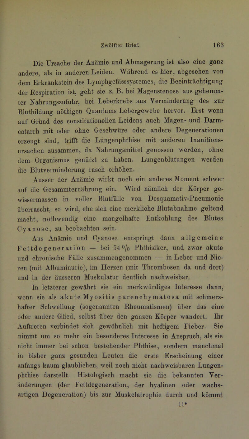Die Ursache der Anämie und Abmagerung ist also eine ganz andere, als in anderen Leiden. Während es hier, abgesehen von dem Erkrankstein des Lymphgefässsystemes, die Beeinträchtigung der Respiration ist, geht sie z. B. bei Magenstenose aus gehemm- ter Nahrungszufuhr, bei Leberkrebs aus Verminderung des zur Blutbildung nöthigen Quantums Lebergewebe hervor. Erst wenn auf Grund des constitutionellen Leidens auch Magen- und Darm- catarrh mit oder ohne Geschwüre oder andere Degenerationen erzeugt sind, trifft die Lungenphthise mit anderen Inanitions- ursachen zusammen, da Nahrungsmittel genossen werden, ohne dem Organismus genützt zu haben. Lungenblutungen werden die Blutverminderung rasch erhöhen. Ausser der Anämie wirkt noch ein anderes Moment schwer auf die Gesammternährung ein. Wird nämlich der Körper ge- wissermassen in voller Blutfülle von Desquamativ-Pneumonie überrascht, so wird, ehe sich eine merkliche Blutabnahme geltend macht, nothwendig eine mangelhafte Entkohlung des Blutes Cyan ose, zu beobachten sein. Aus Anämie und Cyanosc entspringt dann allgemeine Fettdegeneration — bei 54°/o Phthisiker, und zwar akute und chronische Fälle zusammengenommen — in Leber und Nie- ren (mit Albuminurie), im Herzen (mit Thrombosen da und dort) und in der äusseren Muskulatur deutlich nachweisbar. In letzterer gewährt sie ein merkwürdiges Interesse dann, wenn sie als akute Myositis parenchymatosa mit schmerz- hafter Schwellung (sogenannten Rheumatismen) über das eine oder andere Glied, selbst über den ganzen Körper wandert. Ihr Auftreten verbindet sich gewöhnlich mit heftigem Fieber. Sie nimmt um so mehr ein besonderes Interesse in Anspruch, als sie nicht immer bei schon bestehender Phthise, sondern manchmal in bisher ganz gesunden Leuten die erste Erscheinung einer anfangs kaum glaublichen, weil noch nicht nachweisbaren Lungen- phthise darstellt. Histologisch macht sie die bekannten Ver- änderungen (der Fettdegeneration, der hyalinen oder wachs- artigen Degeneration) bis zur Muskelatrophie durch und kömmt 11*
