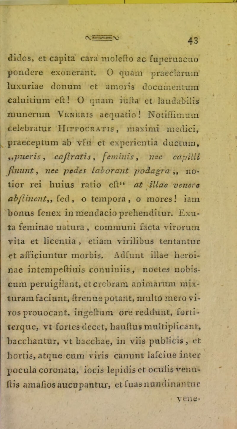 diclos, et capita cai-a nioîefto ac fupcruacno pondéré exonérant. O quain praeclarinn luxuriae donum et amoris documentum caluitium cft ! O quam iufta et laudabilis muncrnrn Vkneris aequatio! Notifflmum celebratur’Hippocr ATis , inaximi niedici, praeceplum ab vFii et experientia ductinn, ’ i^-pueris, cajlratis, fernhiis, nsc capilii fluuiit ^ nec pedes lahorant podagra ,, no- lior rei huius ratio eft“ at illae venere I ahftinciit^, fed, o tempora, o mores ! iam 'bonus fenex inmendacioprehenditur. Exu- ta feminae natura , coinrauni facta vîrorum vita et licentia , etiam virilibus tentantur et all’iciuntur rnorbis. Adfunt illae licroi- nae intempeftiuis conuiuiis, noctes nobis- cum peruigilant, etcrcbram animarum inix- turarafaciunt, Itrenuepotant, inulto mero vi- ros prouocant, ingeftum ore redduut, forti- terque, vt fortes decet, hauftus multiplicànt, bacchantur, vt baccliae, in viis publicis, et bonis, atque cum vlris canunt lafcine inter pocula coronata, iocis lepidiset oculis venn- ftis ainaliosaucupantur, et fuasnundinantnr veut'