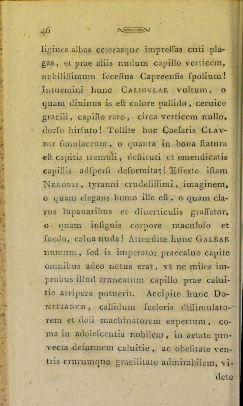 ligincs aibas ceterasque imprelTas cuti pla- | gas, et pi'ae aliis nudum capillo verticera, - iiobillirimum feceflus Capreeiifis fpolium! ; InLueniini hune Caligvi-ae vultum, o quam diuinus is eft colore pallitlo , ceruice gracili, capillo raro , circa verticem nullo, (loiTo hirfuto ! Tollite hoc Caefaris Clav- Dii fjinulacrum , o quanta in bona ftatura « eft capitis Ueuuüi, ilcüituti et emenclicatis ' capillis aclfj)erli deformitas î ll.fferte iflani ’ Neuonxs, tyranni ' crudelifiinii, imaginera, ‘ o quam elegans horao ille eft, o quam cia- * rus lüpanaribus et diuerticulis gralTator, o quam infignis corpox'e maculofo et focclo, calua nuda ! Altendite hune Galbae numum, fed is imperator praecaluo capite omnibus adeo notus erat, vt ne miles im- probxis illud truncatnm capillo prae calui- tie arripere potuerit. Accipite hune Do- ittiTiAKvni, callidum fcelcris diflimulato--'' rem et doli inachinaiorcm expertum, co- ma in adolelcentia nobilem, in aetate pro- vecta deformem caluitie , ac obefitate ven- tris criuumque gracilltate admirabilem, vi-