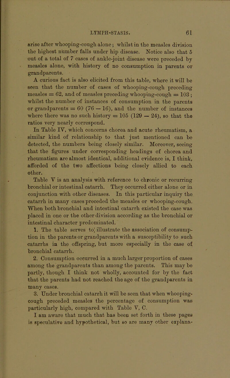 arise after whooping-cough alone; whilst in the measles division the highest number falls under hip disease. Notice also that 5 out of a total of 7 cases of ankle-joint disease were preceded by measles alone, with history of no consumption in parents or grandparents. A curious fact is also elicited from this table, where it will be seen that the number of cases of whooping-cough preceding measles = 62, and of measles preceding whooping-cough = 103 ; whilst the number of instances of consumption in the parents or grandparents = 60 (76 — 16), and the number of instances where there was no such history = 105 (129 — 24), so that the ratios very nearly correspond. In Table IV, which concerns chorea and acute rheumatism, a similar kind of relationship to that just mentioned can be detected, the numbers being closely similar. Moreover, seeing that the figures under corresponding headings of chorea and rheumatism are almost identical, additional evidence is, I think, afforded of the two affections being closely allied to each other. Table V is an analysis with reference to chronic or recurring bronchial or intestinal catarrh. They occurred either alone or in conjunction with other diseases. In this particular inquiry the catarrh in many cases preceded the measles or whooping-cough. When both bronchial and intestinal catarrh existed the case was placed in one or the other division according as the bronchial or intestinal character predominated. 1. The table serves to) illustrate the association of consump- tion in the parents or grandparents with a susceptibility to such catarrhs in the offspring, but more especially in the case of bronchial catarrh. 2. Consumption occurred in a much larger proportion of cases among the grandparents than among the parents. This may be partly, though I think not wholly, accounted for by the fact that the parents had not reached the age of the grandparents in many cases. 3. Under bronchial catarrh it will be seen that when whooping- cough preceded measles the percentage of consumption was particularly high, compared with Table V, C. I am aware that much that has been set forth in these pages is speculative and hypothetical, but so are many other explana-