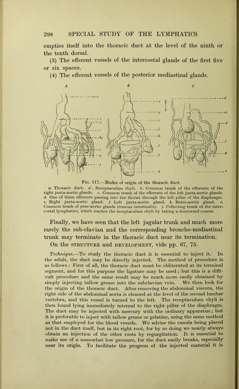 empties itself into the thoracic duct at the level of the ninth or the tenth dorsal. (3) The efferent vessels of the intercostal glands of the first five or six spaces. (4) The efferent vessels of the posterior mediastinal glands. a b c Fig. 117.—Modes of origin of the thoracic duct. a. Thoracic duct. a'. Receptaculum chyli. 6. Common trunk of the efferents of the right juxta-aortic glands, c. Common trunk of the efferents of the left juxta-aortic glands. d. One of these efferents passing into the thorax through the left pillar of tho diaphragm. e. Right juxta-aortic gland. /. Left juxta-aortic gland, h. Retro-aortic gland, i. Common trunk of prae-aortie glands (truncus intestinalis). j. Collecting trunk of the inter- costal lymphatics, which reaches the receptaculum chyli by taking a downward course. Finally, we have seen that the left jugular trunk and much more rarely the sub-clavian and the corresponding broncho-mediastinal trunk may terminate in the thoracic duct near its termination. On the structure and development, vide pp. 67, 75. Technique.—To study the thoracic duct it is essential to inject it. In the adult, the duct may be directly injected. The method of procedure is as follows : First of all, the thoracic duct must be obliterated at its terminal segment, and for this purpose the ligature may be used ; but this is a diffi- cult procedure and the same result may be much more easily obtained by simply injecting tallow grease into the subclavian vein. We then look for the origin of the thoracic duct. After removing the abdominal viscera, the right side of the abdominal aorta is cleaned at the level of the second lumbar vertebra, and this vessel is turned to the left. The receptaculum chyli is then found lying immediately internal to the right pillar of the diaphragm. The duct may be injected with mercury with the ordinary apparatus ; but it is preferable to inject with tallow grease or gelatine, using the same method as that employed for the blood vessels. We advise the canula being placed not in the duct itself, but in its right root, for by so doing we nearly always obtain an injection of the other roots by regurgitation. It is essential to make use of a somewhat low pressure, for the duct easily breaks, especially near its origin. To facilitate the progress of the injected material it is-