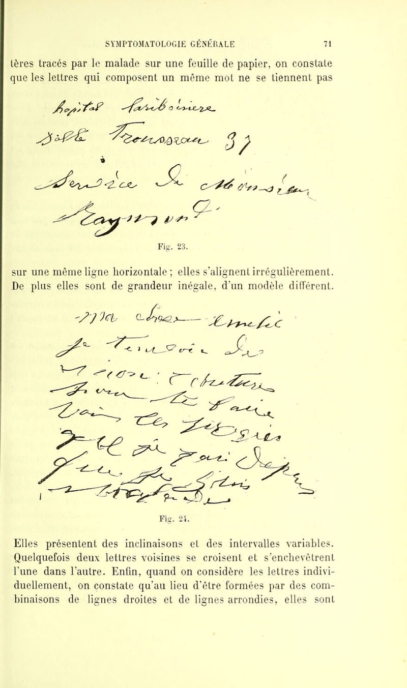 lères tracés par le malade sur une feuille de papier, on constate que les lettres qui composent un même mot ne se tiennent pas Fig. 23. sur une même ligne horizontale ; elles s'alignent irrégulièrement. De plus elles sont de grandeur inégale, d'un modèle différent. Fig. 24. Elles présentent des inclinaisons et des intervalles variables. Quelquefois deux lettres voisines se croisent et s'enchevêtrent l'une dans l'autre. Enfin, quand on considère les lettres indivi- duellement, on constate qu'au lieu d'être formées par des com- binaisons de lignes droites et de lignes arrondies, elles sont