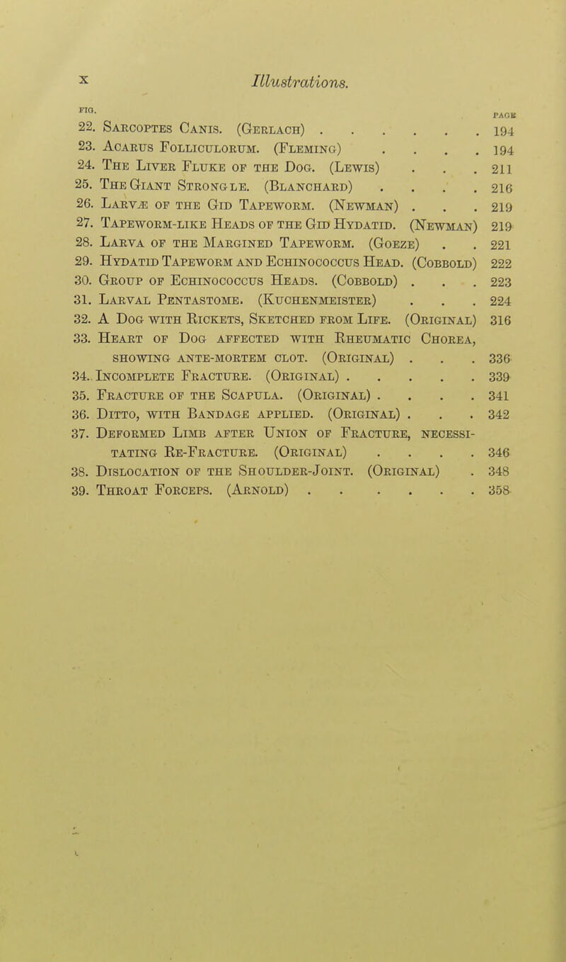 22. Sarcoptes Canis. (Gerlach) 194 23. ACARUS FOLLICULORUM. (FlEMING) . . . .194 24. The Liver Fluke op the Dog. (Lewis) . . .211 25. The Giant Strong le. (Blanchard) , . . .216 26. Larvae of the Gid Tapeworm. (Newman) . . . 219 27. Tapeworm-like Heads of the Gro Hydatid. (Newman) 219 28. Larva op the Margined Tapeworm. (Goeze) . .221 29. Hydatid Tapeworm AND EcHiNococcus Head. (Cobbold) 222 30. Group of Echinococcus Heads. (Cobbold) . . . 223 31. Larval Pentastome. (Kuchenmeister) . . . 224 32. A Dog with Rickets, Sketched from Life. (Original) 316 33. Heart of Dog affected with Rheumatic Chorea, showing ante-mortem clot. (Original) , . . 33& 34.. Incomplete Fracture. (Original) 339 35. Fracture of the Scapula. (Original) .... 341 36. Ditto, with Bandage applied. (Original) . . . 342 37. Deformed Limb after Union of Fracture, necessi- tating Re-Fracture. (Original) .... 346 38. Dislocation of the Shoulder-Joint. (Original) . 348 39. Throat Forceps. (Arnold) 358