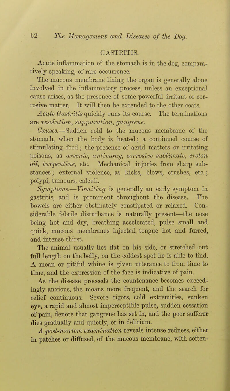 GASTEITIS. Acute inflammation of the stomach is in the dog, compara- tively speaking, of rare occurrence. The mucous membrane lining the organ is generally alone involved in the inflammatory process, unless an exceptional cause arises, as the presence of some powerful irritant or cor- rosive matter. It will then be extended to the other coats. Acute Gastritis quickly runs its course. The terminations are resolution, suppuration, gangrene. Causes.—Sudden cold to the mucous membrane of the stomach, when the body is heated; a continued course of stimulating food ; the presence of acrid matters or irritating poisons, as arsenic, antimony, corrosive sublimate, croton oil, turpentine, etc. Mechanical injuries from sharp sub- stances ; external violence, as kicks, blows, crushes, etc.; polypi, tumours, calculi. Symptoms.—Vomiting is generally an early symptom in gastritis, and is prominent throughout the disease. The bowels are either obstinately constipated or relaxed. Con- siderable febrile disturbance is naturally present—the nose being hot and dry, breathing accelerated, pulse small and quick, mucous membranes injected, tongue hot and furred, and intense thirst. The animal usually lies flat on his side, or stretched out fuU length on the belly, on the coldest spot he is able to find. A moan or pitiful whine is given utterance to from time to time, and the expression of the face is indicative of pain. As the disease proceeds the countenance becomes exceed- ingly anxious, the moans more frequent, and the search for relief continuous. Severe rigors, cold extremities, sunken eye, a rapid and almost imperceptible pulse, sudden cessation of pain, denote that gangrene has set in, and the poor sufferer dies gradually and quietly, or in delirium. A post-mortem examination reveals intense redness, either in patches or diffused, of the mucous membrane, with soften-