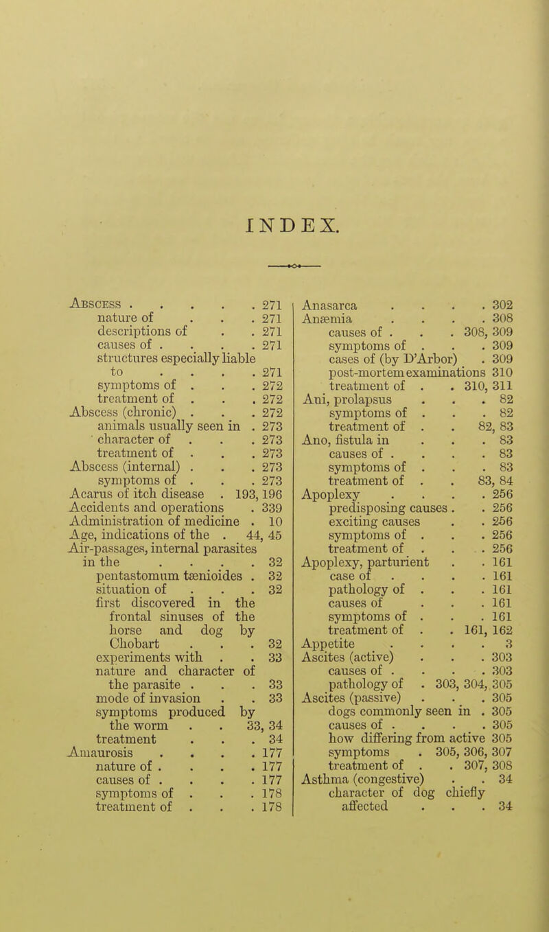 INDEX. Abscess 271 nature of ... 271 descriptions of . .271 causes of . . . . 271 structures especially liable to .... 271 symptoms of . . . 272 treatment of . . . 272 Abscess (chronic) . . .272 animals usually seen in . 273 ■ character of . . . 273 treatment of . . . 273 Abscess (internal) . . . 273 symptoms of . . . 273 Acarus of itch disease . 193,196 Accidents and operations . 339 Administration of medicine . 10 Age, indications of the . 44, 45 Air-passagesj internal parasites in the .... 32 pentastomum teenioides . 32 situation of . . .32 first discovered in the frontal sinuses of the horse and dog by Chobart . . .32 experiments with . . 33 nature and character of the parasite . . .33 mode of invasion . . 33 symptoms produced by the worm . . 33,34 treatment . . .34 Amaurosis . . . .177 nature of . . . .177 causes of . . . .177 symptoms of . . .178 treatment of . . .178 Anasarca .... 302 An£emia .... 308 causes of . . . 308, 309 symptoms of . . . 309 cases of (by D'Arbor) . 309 post-mortem examinations 310 treatment of . . 310, 311 Ani, prolapsus . . .82 symptoms of . . .82 treatment of . . 82, 83 Ano, fistula in ... 83 causes of . . . .83 symptoms of . . .83 treatment of . . 83, 84 Apoplexy .... 256 predisposing causes . . 256 exciting causes . . 266 symyjtoms of . . . 256 treatment of . . . 256 Apoplexy, parturient . . 161 case of ... . 161 pathology of , . . 161 causes of ... 161 symptoms of . . .161 treatment of . . 161, 162 Appetite .... 3 Ascites (active) . . . 303 causes of . . . . 303 pathology of . 303, 304, 305 Ascites (passive) . . . 305 dogs commonly seen in . 305 causes of . . . . 305 how differing from active 305 symptoms . 305, 306, 307 treatment of . . 307, 308 Asthma (congestive) . . 34 character of dog chiefly affected . . .34