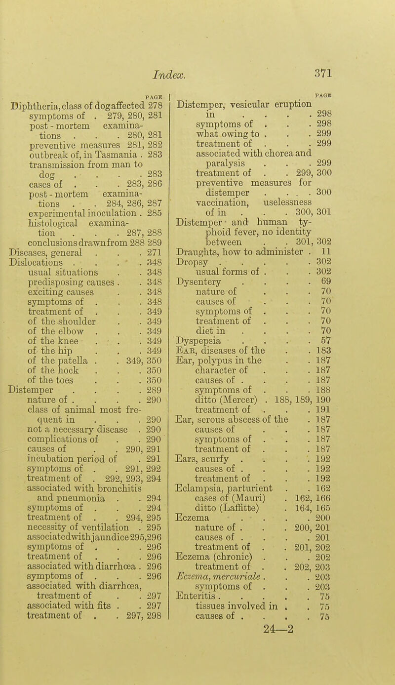 PAGE Diphtheria, class of dog affected 278 symptoms of . 279, 280, 281 post - mortem examina- tions . . . 280, 281 preventive measures 281, 282 outbreak of, in Tasmania . 283 transmission from man to dog ... . 283 cases of . . . 283, 286 post - mortem examina- tions . . 284, 286, 287 experimental inoculation . 285 histological examina- tion . . . 287, 288 conclusions drawnfrom 288 289 Kseases, general . . . 271 Dislocations . . . ' . 348 usual situations . . 348 predisposing causes . . 348 exciting causes . . 348 symptoms of . . . 348 treatment of . . . 349 of the shoulder . . 349 of the elbow . . .349 of the knee . • . .349 of the hip ... 349 of the patella . . 349, 350 of the hock . . .350 of the toes . . . 350 Distemper .... 289 nature of . . . . 290 class of animal most fre- quent in . . . 290 not a necessary disease . 290 complications of . . 290 causes of . . 290,291 incubation period of . 291 symptoms of . . 291, 292 treatment of . 292, 293, 294 associated with bronchitis and pneumonia . . 294 symptoms of . . . 294 treatment of . . 294, 295 necessity of ventilation . 295 associatedwithjaundice295,296 sjonptoms of , . . 296 treatment of . . . 296 associated with diarrhoea . 296 symptoms of . . . 296 associated with diarrhoea, treatment of . . 297 associated with fits . . 297 treatment of . , 297, 298 PAGB Distemper, vesicular eruption in .... 298 symptoms of . . • 298 what owing to . . . 299 treatment of . . . 299 associated with chorea and paralysis . . . 299 treatment of . . 299, 300 preventive measures for distemper . ... 300 vaccination, uselessness of in . . . 300, 301 Distemper • and human ty- phoid fever, no identity between . . 301, 302 Draughts, how to administer . 11 Dropsy .... 302 itsual forms of . 302 Dysentery 69 nature of 70 causes of 70 symptoms of . 70 treatment of 70 diet in . . . 70 Dyspepsia 57 Ear, diseases of the 183 Ear, polypus in the 187 character of 187 causes of . 187 symptoms of . 188 ditto (Mercer) . 188, 189, 190 treatment of 191 Ear, serous abscess of the 187 causes of . . 187 symptoms of . 187 treatment of 187 Ears, scurfy . 192 causes of . 192 treatment of 192 Eclampsia, parturient 162 cases of (Mauri) 162, 166 ditto (Lafiitte) 164, 165 Eczema 200 nature of . 200, 201 causes of . 201 treatment of 201, 202 Eczema (chronic) . 202 treatment of . 202, 203 Eczema^ mercuriale . 203 symptoms of . 203 Enteritis.... 75 tissues involved in . 75 causes of . 75 24—2