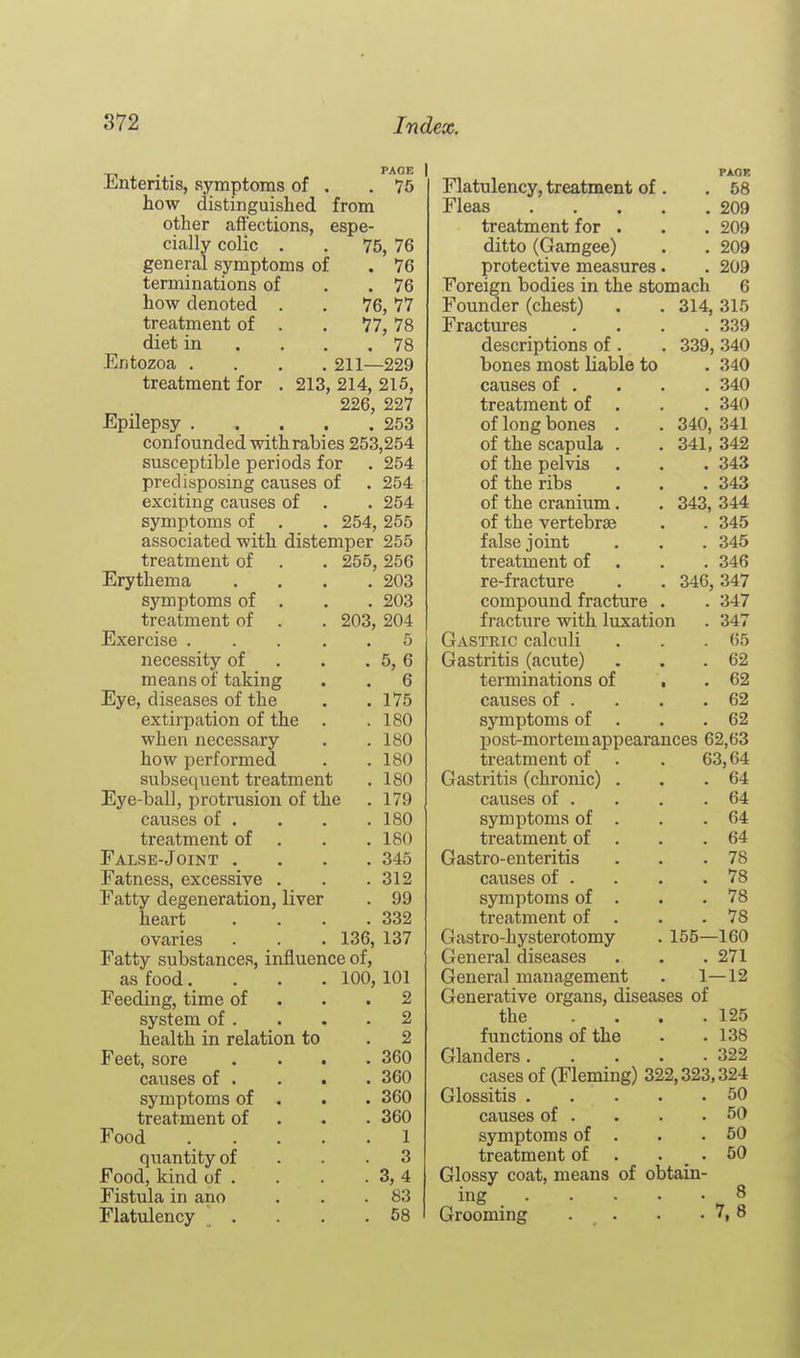 Enteritis, symptoms of . how distinguished from other affections, espe- PACE 75 cially colic general symptoms of terminations of how denoted . treatment of . diet in Entozoa . treatment for . EpUepsy 75, 76 . 76 . 76 76, 77 77, 78 . 78 211—229 213, 214, 215, 226, 227 . 253 confounded with rabies 253,254 susceptible periods for . 254 predisposing causes of . 254 exciting causes of . . 254 symptoms of . . 254, 255 associated with distemper 255 treatment of . . 255, 256 Erythema . . . .203 symptoms of . . . 203 treatment of . . 203, 204 Exercise 5 necessity of . . . 5, 6 means of taking . . 6 Eye, diseases of the . . 175 extirpation of the . .180 when necessary . .180 how performed . .180 subsequent treatment . 180 Eye-ball, protrusion of the . 179 causes of . . . .180 treatment of . . . 180 False-Joint .... 345 Fatness, excessive . . .312 Fatty degeneration, liver . 99 heart . . . .332 ovaries . . . 136, 137 Fatty substances, influence of, as food.... 100,101 Feeding, time of . . .2 system of . . . .2 health in relation to . 2 Feet, sore .... 360 causes of . . . . 360 symptoms of . . . 360 treatment of . . . 360 Food 1 quantity of ... 3 Food, kind of . . . . 3, 4 Fistula in ano . . .83 Flatulency . . . .58 Flatulency, treatment of. Fleas .... treatment for . ditto (Gamgee) protective measures. PAOK . 58 . 209 . 209 . 209 . 209 Foreign bodies in the stomach 6 Founder (chest) . . 314,315 Fractures . . . .339 descriptions of . . 339, 340 bones most liable to . 340 causes of . . . . 340 treatment of . . . 340 of long bones . . 340, 341 of the scapula . . 341, 342 of the pelvis . . . 343 of the ribs . . . 343 of the cranium. . 343, 344 of the vertebrae . . 345 false joint . . . 345 treatment of . . . 346 re-fracture . . 346,347 compound fracture . . 347 fracture with luxation . 347 Gastric calculi . . .65 Gastritis (acute) . . .62 terminations of . . 62 causes of . . . .62 symptoms of . . .62 post-mortem appearances 62,63 treatment of . . 63,64 Gastritis (chronic) . . .64 causes of . . , .64 symptoms of . . .64 treatment of . . .64 Gastro-enteritis . . .78 causes of . . . .78 symptoms of . . .78 treatment of . . .78 Gastro-hysterotomy . 155—160 General diseases . . .271 General management . 1—12 Generative organs, diseases of the .... 125 functions of the . . 138 Glanders 322 cases of (Fleming) 322,323,324 Glossitis 50 causes of . . . .50 symptoms of . . .50 treatment of . . _ . 50 Glossy coat, means of obtain- ing 8 Grooming . . . . 7,8