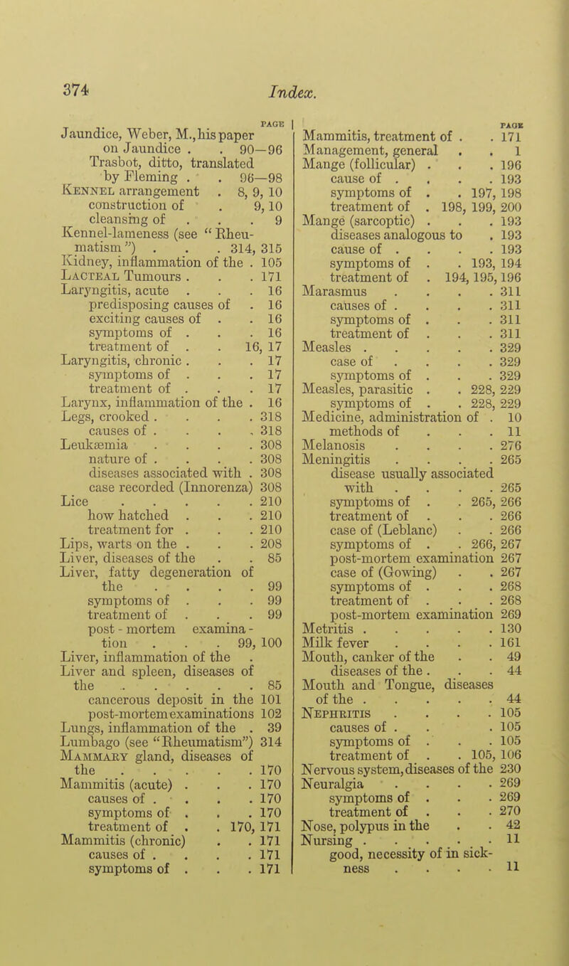 Jaundice, Weber, M,,his paper on Jaundice . . 90—96 Trasbot, ditto, translated by Fleming , . 96—98 Kennel arrangement . 8, 9, 10 construction of . 9,10 cleansing of . . .9 Kennel-lameness (see  Rheu- ^matism) . , . 314, 315 Kidney, inflammation of the Lacteal Tumours . Laryngitis, acute . predisposing causes of exciting causes of . symptoms of . treatment of . Laryngitis, chronic . symptoms of . treatment of . Larynx, inflammation of the . Legs, crooked .... causes of . Leukaemia .... nature of . diseases associated with . case recorded (Innorenza) Lice how hatched . treatment for . Lips, warts on the . Liver, diseases of the Liver, fatty degeneration of the .... symptoms of . treatment of . . post - mortem tion Liver, inflammation of the Liver and spleen, diseases of the cancerous deposit in the post-mortem examinations Lungs, inflammation of the . Lumbago (see Rheumatism) Mammary gland, diseases of the Mammitis (acute) , causes of . . symptoms of , treatment of Mammitis (chronic) causes of . symptoms of , . 105 . 171 . 16 . 16 . 16 . 16 16, 17 . 17 . 17 . 17 . 16 . 318 , 318 . 308 . 308 . 308 308 210 210 210 208 85 99 99 99 examma - 99, 100 85 101 102 39 314 . 170 . 170 . 170 . 170 170, 171 . 171 . 171 . 171 Mammitis, treatment of . . 171 Management, general . . 1 Mange (follicular) . . .196 cause of . . . . 193 symptoms of . . 197, 198 treatment of . 198, 199, 200 Mange (sarcoptic) . . . 193 diseases analogous to . 193 cause of . . . . 193 symptoms of . . 193, 194 treatment of . 194,195,196 Marasmus . . . .311 causes of . . . .311 symptoms of . . .311 treatment of . . .311 Measles 329 case of ... . 329 symptoms of . . . 329 Measles, parasitic . . 228, 229 symptoms of . . 228, 229 Medicine, administration of . 10 methods of . . .11 Melanosis .... 276 Meningitis .... 265 disease usually associated with . . . .265 symptoms of . . 265, 266 treatment of . . . 266 case of (Leblanc) . . 266 symptoms of . . 266, 267 post-mortem examination 267 case of (Gowing) . . 267 symptoms of . . . 268 treatment of . . . 268 post-mortem examination 269 Metritis 130 Milk fever . . . .161 Mouth, canker of the . . 49 diseases of the . . .44 Mouth and Tongue, diseases of the 44 Nephritis . . . .105 causes of . . .105 symptoms of . . .105 treatment of . . 105, 106 Nervous system, diseases of the 230 Neuralgia .... 269 symptoms of . . • 269 treatment of . . • 270 Nose, polypus in the . • 42 Nursing . . . . . 11 good, necessity of in sick- ness . . . .11