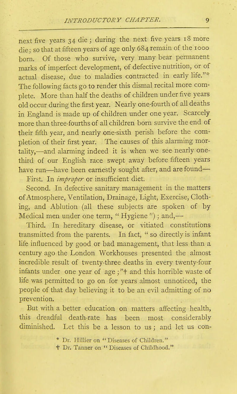 next five years 34 die j during the next five years 18 more die; so that at fifteen years of age only 684 remain of the 1000 born. Of those who survive, very many bear permanent marks of imperfect development, of defective nutrition, or of actual disease, due to maladies contracted in early life.* The following facts go to render this dismal recital more com- plete. More than half the deaths of children under five years old occur during the first year. Nearly one-fourth of all deaths in England is made up of children under one year. Scarcely more than three-fourths of all children born survive the end of their fifth year, and nearly one-sixth perish before tlae com- pletion of their first year. The causes of this alarming mor- tality,—and alarming indeed it is when we see nearly one- third of our English race swept away before fifteen years have run—have been earnestly sought after, and are found— First. In improper or insufiicient diet. Second. In defective sanitary management in the matters of Atmosphere, Ventilation, Drainage, Light, Exercise, Cloth- ing, and Ablution (all these subjects are spoken of by Medical men under one tenn, Hygiene ); and,— Third. In hereditary disease, or vitiated constitutions transmitted from the parents. In fact, so directly is infant life influenced by good or bad management, that less than a century ago the London Workhouses presented the almost incredible result of twenty-three deaths in every twenty-foiir infants under one year of age ; f and this horrible waste of life was permitted to go on for years almost unnoticed, the people of that day believing it to be an evil admitting of no prevention. But with a better education on matters affecting health, this dreadful death-rate has been most considerably diminished. Let this be a lesson to us; and let us con- * Dr. I-Iillier on Diseases of Children. + Dr. Tanner on Diseases of Childhood.