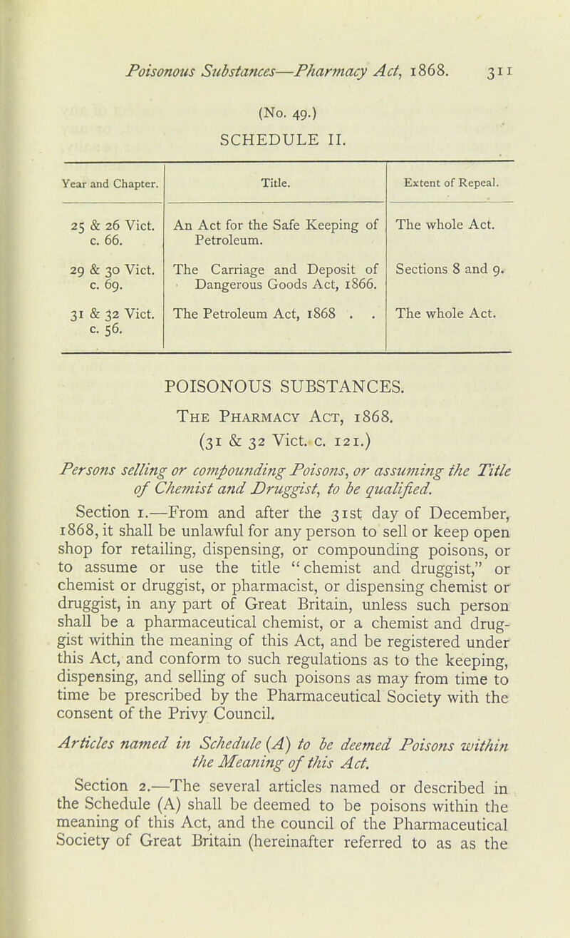 (No. 49.) SCHEDULE II. Year and Chapter. Title. Extent of Repeal. 25 & 26 Vict. C. 66. An Act for the Safe Keeping of Petroleum. The whole Act. 29 & 30 Vict, c. 69. The Carriage and Deposit of Dangerous Goods Act, 1866. Sections 8 and 9. 31 & 32 Vict, c. 56. The Petroleum Act, 1868 . . The whole Act. POISONOUS SUBSTANCES. The Pharmacy Act, 1868. (31 & 32 Vict. c. 121.) Persons selling or co77ipounding Poisons, or assuming the Title of Chemist and Druggist, to be qualified. Section i.—From and after the 31st day of December, 1868, it shall be unlawful for any person to sell or keep open shop for retailing, dispensing, or compounding poisons, or to assume or use the title chemist and druggist, or chemist or druggist, or pharmacist, or dispensing chemist or druggist, in any part of Great Britain, unless such person shall be a pharmaceutical chemist, or a chemist and drug- gist within the meaning of this Act, and be registered under this Act, and conform to such regulations as to the keeping, dispensing, and selling of such poisons as may from time to time be prescribed by the Pharmaceutical Society with the consent of the Privy Council. Articles named in Schedule (A) to be deemed Poisons within the Meaning of this Act. Section 2.—The several articles named or described in the Schedule (A) shall be deemed to be poisons within the meaning of this Act, and the council of the Pharmaceutical Society of Great Britain (hereinafter referred to as as the