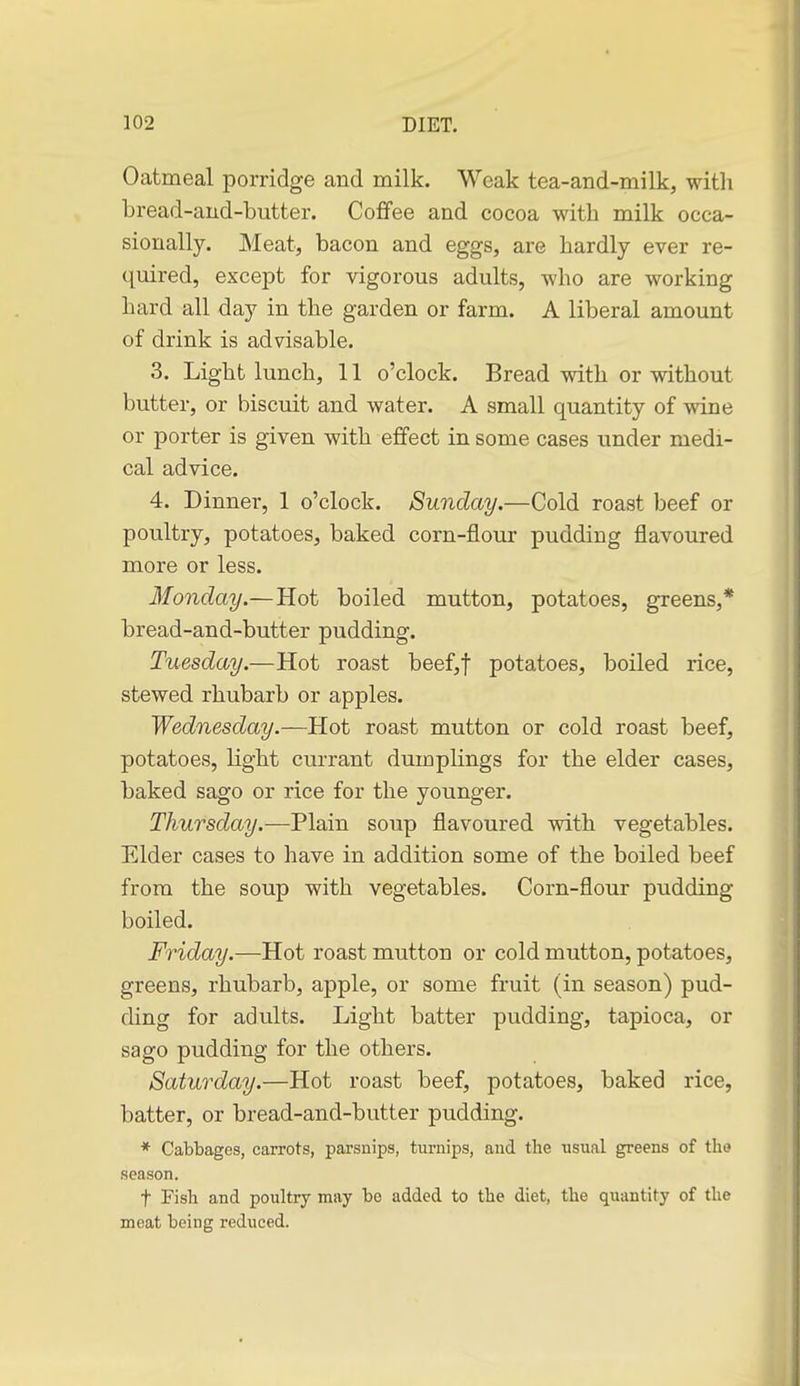 Oatmeal porridge and milk. Weak tea-and-milk, with bread-aud-butter. Coffee and cocoa with milk occa- sionally. Meat, bacon and eggs, are hardly ever re- quired, except for vigorous adults, who are working hard all day in the garden or farm. A liberal amount of drink is advisable. 3. Light lunch, 11 o'clock. Bread with or without butter, or biscuit and water. A small quantity of wine or porter is given with effect in some cases under medi- cal advice. 4. Dinner, 1 o'clock. Sunday.—Cold roast beef or poultry, potatoes, baked corn-flour pudding flavoured more or less. Monday.—Hot boiled mutton, potatoes, greens,* bread-and-butter pudding. Tuesday.—Hot roast beef,t potatoes, boiled rice, stewed rhubarb or apples. Wednesday.—Hot roast mutton or cold roast beef, potatoes, light currant dumplings for the elder cases, baked sago or rice for the younger. Thursday.—Plain soup flavoured with vegetables. Elder cases to have in addition some of the boiled beef from the soup with vegetables. Corn-flour pudding boiled. Friday.—Hot roast mutton or cold mutton, potatoes, greens, rhubarb, apple, or some fruit (in season) pud- ding for adults. Light batter pudding, tapioca, or sago pudding for the others. Saturday.—Hot roast beef, potatoes, baked rice, batter, or bread-and-butter pudding. * Cabbages, carrots, parsnips, turnips, and the usual greens of the season. t Fish and poiiltry may be added to the diet, the quantity of the meat being reduced.