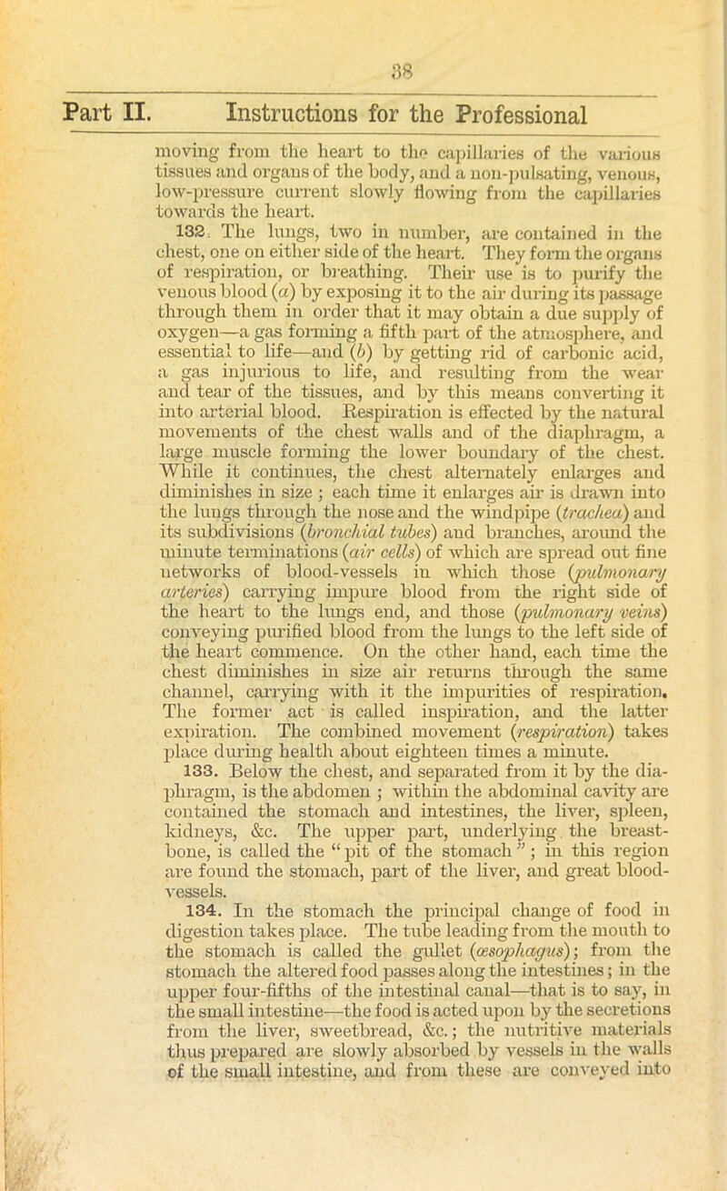 moving from the heart to the capillaries of the various tissues and organs of the body, and a non-pulsating, venous, low-pressure current slowly flowing from the capillaries towards the heart. 132 The lungs, two in number, are contained in the chest, one on either side of the heart. They form the organs of respiration, or breathing. Their use is to purify the venous blood («) by exposing it to the air during its passage through them in order that it may obtain a due supply of oxygen—a gas forming a fifth part of the atmosphere, and essential to life—and (b) by getting rid of carbonic acid, a gas injurious to life, and resulting from the wear and tear of the tissues, and by this means converting it into arterial blood. Respiration is effected by the natural movements of the chest walls and of the diaplrragm, a large muscle forming the lower boundary of the chest. While it continues, the chest alternately enlarges and diminishes in size ; each time it enlarges air is drawn into the lungs thr ough the nose and the windpipe (trachea) and its subdivisions (bronchial tubes) and branches, around the minute terminations (air cells) of which are spread out fine networks of blood-vessels in which those (pulmonary arteries) carrying impure blood from the right side of the heart to the lungs end, and those ('pulmonary veins) conveying purified blood from the lungs to the left side of the heart commence. On the other hand, each time the chest diminishes in size air returns through the same channel, carrying with it the impurities of respiration. The former act is called inspiration, and the latter expiration. The combined movement (respiration) takes place during health about eighteen times a minute. 133. Below the chest, and separated from it by the dia- phragm, is the abdomen ; within the abdominal cavity are contained the stomach and intestines, the liver, spleen, kidneys, &c. The upper part, underlying the bi’east- bone, is called the “ pit of the stomach ” ; in this region are found the stomach, part of the liver, and great blood- vessels. 134. In the stomach the principal change of food in digestion takes place. The tube leading from the mouth to the stomach is called the gullet (oesophagus); from the stomach the altered food passes along the intestines; in the upper four-fifths of the intestinal canal—that is to say, in the small intestine—the food is acted upon by the secretions from the liver, sweetbread, &c.; the nutritive materials thus prepared are slowly absorbed by vessels in the walls of the small intestine, and from these are conveyed into