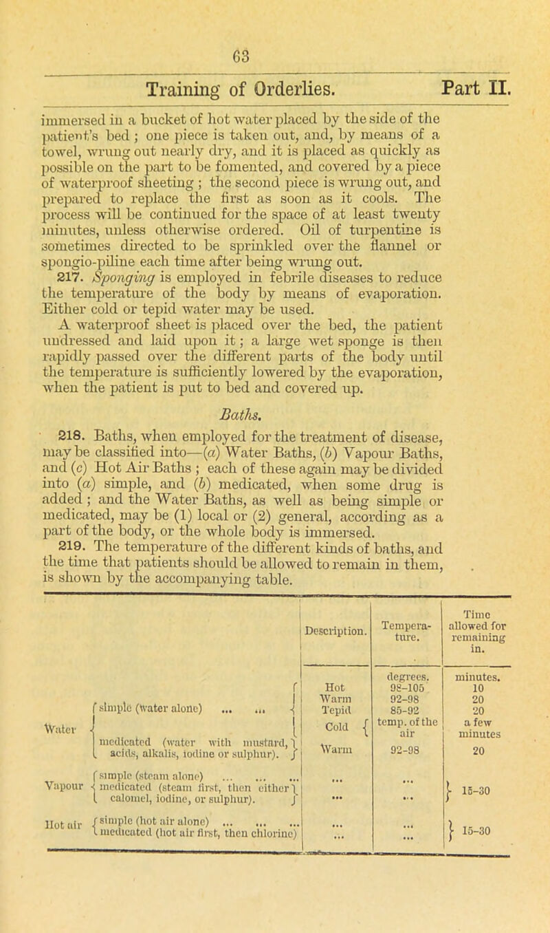Training of Orderlies. Part II. immersed in a bucket of hot water placed by the side of the patient’s bed ; one piece is taken out, and, by means of a towel, wrung out nearly dry, and it is placed as quickly as possible on the part to be fomented, and covered by a piece of waterproof sheeting ; the second piece is wrung out, and prepared to replace the first as soon as it cools. The process will be continued for the space of at least twenty minutes, unless otherwise ordered. Oil of turpentine is sometimes directed to be sprinkled over the flannel or spongio-piline each time after being wrung out. 217. Sponging is employed in febrile diseases to reduce the temperature of the body by means of evaporation. Either cold or tepid water may be used. A waterproof sheet is placed over the bed, the patient undressed and laid upon it; a large wet sponge is then rapidly passed over the different parts of the body until the temperature is sufficiently lowered by the evaporation, when the patient is put to bed and covered up. Baths. 218. Baths, when employed for the treatment of disease, maybe classified into—(a) Water Baths, (b) Vapour Baths, and (c) Hot Air Baths ; each of these again may be divided into (a) simple, and (h) medicated, when some drug is added ; and the Water Baths, as well as being simple or medicated, may be (1) local or (2) general, according as a part of the body, or the whole body is immersed. 219. The temperature of the different kinds of baths, and the time that patients should be allowed to remain in them, is shown by the accompanying table. simple (Water alone) Water v medicated (water with mustard, 1 acids, alkalis, iodine or sulphur), f f Simple (steam alone) Vapour i medicated (steam first, then either \ l calomel, iodine, or sulphur). J Hotair / simple (hot air alone) 1 medicated (iiot air first, then chlorine) Description. Tempera- ture. Time allowed for remaining in. degrees. minutes. Hot 98-105 10 Warm 92-98 20 Tepid 85-92 20 Cold { temp, of the a few air minutes Warm 92-98 20 ... j- 15-30 ... ]■ 15-30