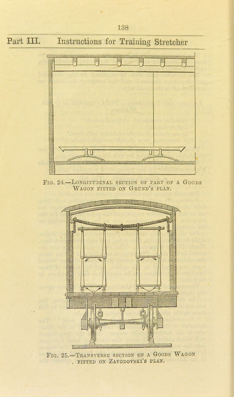 Part III. Instructions for Training Stretcher Fig-. 24.—Longitudinal section of paet of a G-oods Wagon fitted on Geund’s plan. Fig. 25.—Teansveese section of a Goods Wagon . FITTED ON ZAVODOVS!!!^ PLAN.