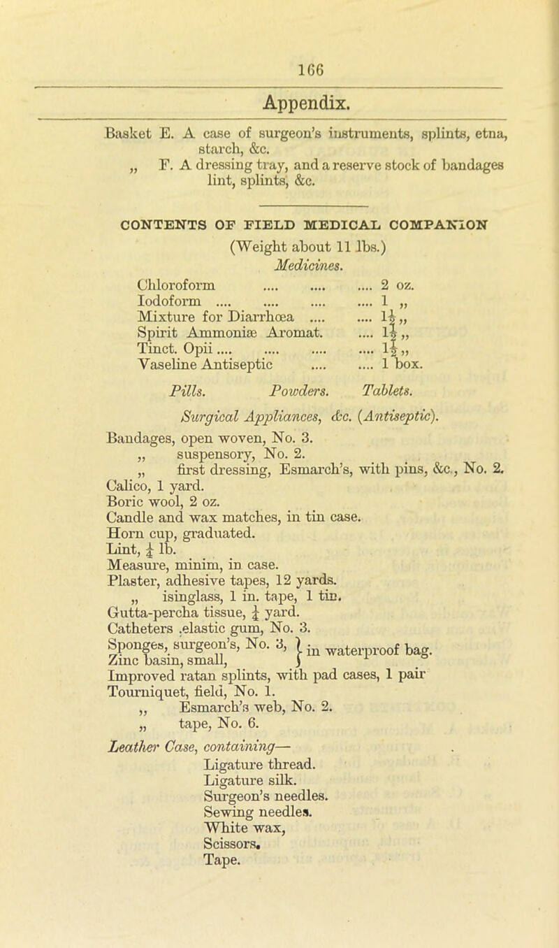 Appendix. Basket E. A case of surgeon’s instruments, splints, etna, starch, &c. „ F. A dressing tray, and a reserve stock of bandages lint, splints, &c. CONTENTS OF FIELD MEDICAL COMPANION (Weight about 11 lbs.) Medicines. Chloroform .... 2 oz. Iodoform .... .... 1 „ Mixture for Diarrhoea .... .... H„ Spirit Ammonias Aromat. .... it „ Tinct. Opii .... l|„ Vaseline Antiseptic .... 1 box. Pills. Powders. Tablets. Surgical Appliances, &c. (Antiseptic). Bandages, open woven, No. 3. „ suspensory, No. 2. „ first dressing, Esmarch’s, with pins, &c., No. 2. Calico, 1 yard. Boric wool, 2 oz. Candle and wax matches, in tin case. Horn cup, graduated. Lint, £ lb. Measure, minim, in case. Plaster, adhesive tapes, 12 yards. „ isinglass, 1 in. tape, 1 tin. Gutta-percha tissue, £ yard. Catheters .elastic gum, No. 3. Sponges, surgeon’s, No. 3, | in waterpr00f bag. Zmc basin, small, ) Improved ratan splints, with pad cases, 1 pair Tourniquet, field, No. 1. „ Esmarch’s web, No. 2. „ tape, No. 6. Leather Case, containing— Ligature thread. Ligature silk. Surgeon’s needles. Sewing needles. White wax, Scissors. Tape.