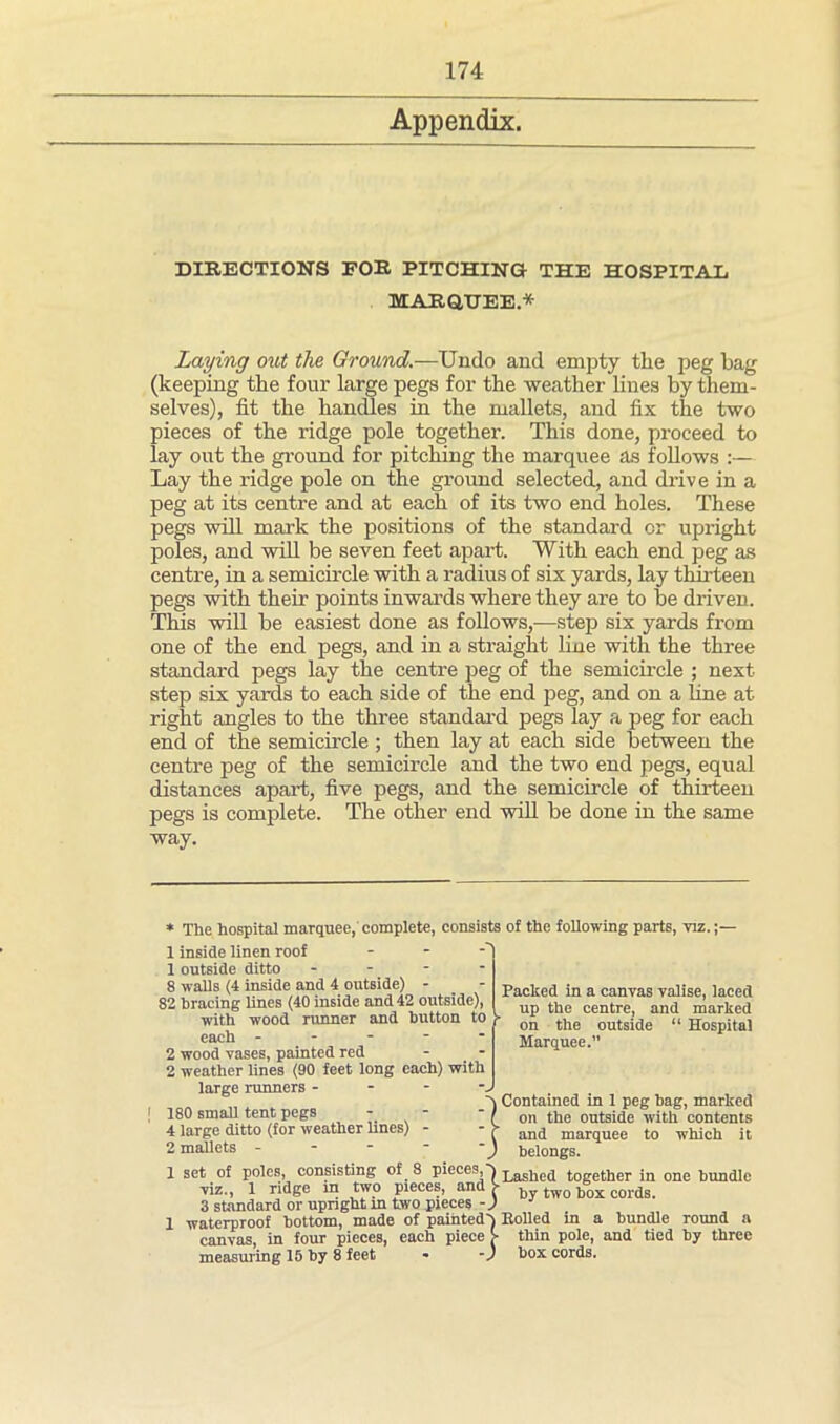 Appendix. DIRECTIONS FOR PITCHING THE HOSPITAL MARQUEE* Laying out the Ground.—Undo and empty the peg bag (keeping the four large pegs for the weather lines by them- selves), fit the handles in the mallets, and fix the two pieces of the ridge pole together. This done, proceed to lay out the ground for pitching the marquee as follows Lay the ridge pole on the ground selected, and drive in a peg at its centre and at each of its two end holes. These pegs will mark the positions of the standard or upright poles, and will be seven feet apart. With each end peg as centre, in a semicircle with a radius of six yards, lay thirteen pegs with their points inwards where they are to be driven. This will be easiest done as follows,—step six yards from one of the end pegs, and in a straight line with the three standard pegs lay the centre peg of the semicircle ; next step six yards to each side of the end peg, and on a line at right angles to the three standard pegs lay a peg for each end of the semicircle; then lay at each side between the centre peg of the semicircle and the two end pegs, equal distances apart, five pegs, and the semicircle of thirteen pegs is complete. The other end will be done in the same way. * The hospital marquee,'complete, consists of the following parts, viz.;— i 1 inside linen roof - 1 outside ditto - 8 walls (4 inside and 4 outside) - _ - 82 bracing lines (40 inside and 42 outside), with wood runner and button to each - 2 wood vases, painted red 2 weather lines (90 feet long each) with large runners 180 small tent pegs 4 large ditto (for weather lines) - 2 mallets - Packed in a canvas valise, laced up the centre, and marked ” on the outside “ Hospital Marquee.” Contained in 1 peg hag, marked on the outside with contents and marquee to which it belongs. 1 set of poles, consisting of 8 pieces, V viz., 1 ridge in two pieces, and > 3 standard or upright in two pieces -) 1 waterproof bottom, made of paintedb canvas, in four pieces, each piece > measuring 15 by 8 feet - -) Lashed together in one bundle by two box cords. Boiled in a bundle round a thin pole, and tied by three box cords.