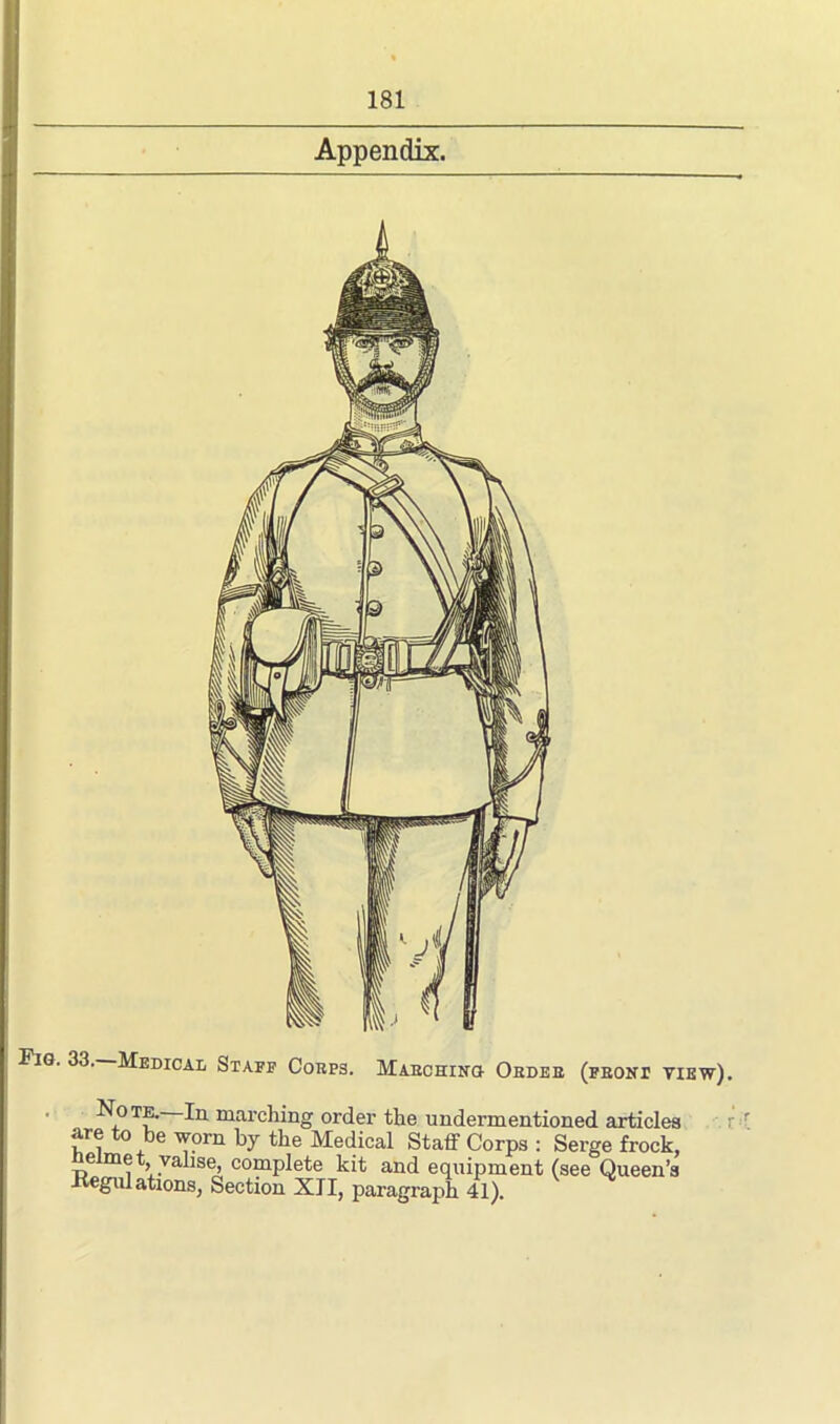 Appendix. Fig. 33. Medical Staff Corps. Marching Order (front view). Note. In marching order the undermentioned articles are to he worn by the Medical Staff Corps : Serge frock, neimet valise, complete kit and equipment (see Queen’s Regulations, Section XII, paragraph 41). r>