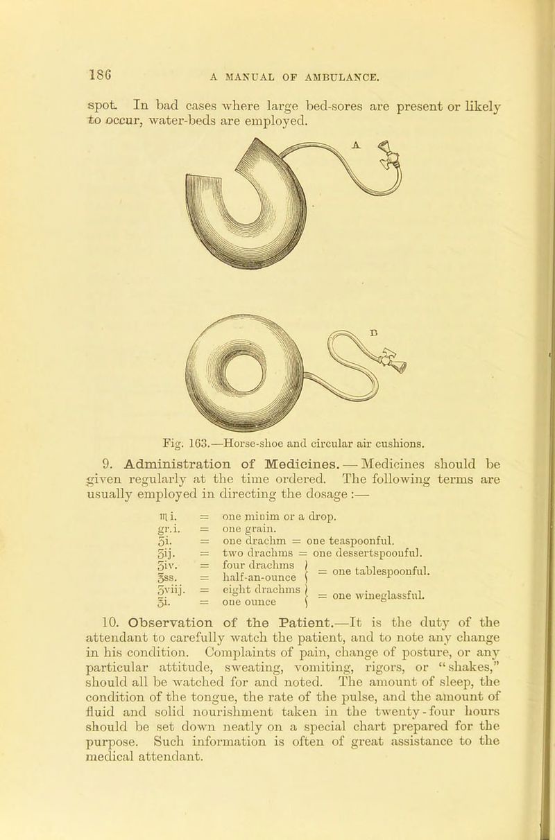 spot In bad cases where large bed-sores are present or likely to occur, water-beds are employed. be are Fig. 103.—Horse-shoe and circular air cushions. 9. Administration of Medicines. — Medicines should given regularly at the time ordered. The following terms usually employed in directing the dosage :— ill i. ~ one miuim or a drop, gr.i. = one grain. 5i. = one drachm = one teaspoonful. 5ij. = two drachms = one dessertspoouful. S5iv. = four drachms ) , •, , r , - , ,c ( — one tablespoonful. 5ss. = half-an-ounce \ 1 5viii. = ehdit drachms ) , c , d- J ° > = one wineglassful. 51. = oue ounce \ 0 10. Observation of the Patient.—It is the dutj' of the attendant to carefully watch the patient, and to note any change in his condition. Complaints of pain, change of posture, or any particular attitude, sweating, vomiting, rigors, or shakes, should all be watched for and noted. The amount of sleep, the condition of the tongue, the rate of the pulse, and the amount of fluid and solid nourishment taken in the twenty-four hours should be set down neatly on a special chart prepared for the purpose. Such information is often of great assistance to the medical attendant.