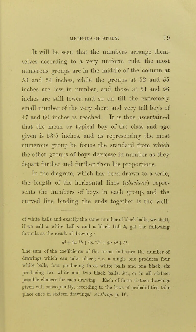 It will be seen that the numbers arrange them- selves according to a very uniform rule, the most numerous groups are in the middle of the column at 53 and 54 inches, while the groups at 52 and 55 inches are less in number, and those at 51 and 56 inches are still fewer, and so on till the extremely small number of the very short and very tall boys of 47 and 60 inches is reached. It is thus ascertained that the mean or tyj^ical boy of the class and age given is 53'5 inches, and as representing the most numerous group he forms the standard from which the other groups of boys decrease in number as they depart further and further from his proportions. In the diagram, which has been drawn to a scale, the length of the horizontal lines (abscissce) repre- sents the numbers of boys in each group, and the curved line binding the ends together is the well- of white balls and exactly the same numlDer of black balls, we shall, if we call a white ball a and a black ball iy get the following formula as the result of drawing : The sum of the coefficients of the terms indicates the number of drawings which can take place; i.e. a single one produces four Avhite balls, four producing three white balls and one black, six producing two white and two black balls, &c., or in all sixteen possible chances for each drawing. Each of these sixteen drawings given will consequently, according to the laws of probabilities, take place once in sixteen drawings.' Antlirop. p. 16.