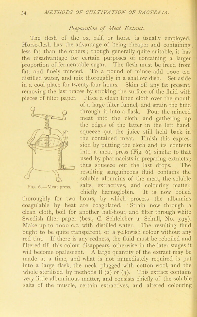 Preparation of Meat Extract. The flesh of the ox, calf, or horse is usually employed. Horse-flesh has the advantage of being cheaper and containing. less fat than the others; though generally quite suitable, it has the disadvantage for certain purposes of containing a larger proportion of fermentable sugar. The flesh must be freed from fat, and finely minced. To a pound of mince add 1000 c.c. distilled water, and mix thoroughly in a shallow dish. Set aside in a cool place for twenty-four hours. Skim off any fat present, removing the last traces by stroking the surface of the fluid with pieces of filter paper. Place a clean linen cloth over the mouth of a large filter funnel, and strain the fluid through it into a flask. Pour the minced meat into the cloth, and gathering up the edges of the latter in the left hand, squeeze out the juice still held back in the contained meat. Finish this expres- sion by putting the cloth and its contents into a meat press (Fig. 6), similar to that used by pharmacists in preparing extracts ; thus squeeze out the last drops. The resulting sanguineous fluid contains the soluble albumins of the meat, the soluble salts, extractives, and colouring matter, chiefly haemoglobin. It is now boiled thoroughly for two hours, by which process the albumins coagulable by heat are coagulated. Strain now through a clean cloth, boil for another half-hour, and filter through white Swedish filter paper (best, C. Schleicher u. Schull, No. 595). Make up to 1000 c.c. with distilled water. The resulting fluid ought to be quite transparent, of a yellowish colour without any red tint. If there is any redness, the fluid must be reboiled and filtered till this colour disappears, otherwise in the later stages it will become opalescent. A large quantity of the extract may be made at a time, and what is not immediately required is put into a large flask, the neck plugged with cotton wool, and the whole sterilised by methods 13 (2) or (3). This extract contains very little albuminous matter, and consists chiefly of the soluble salts of the muscle, certain extractives, and altered colouring