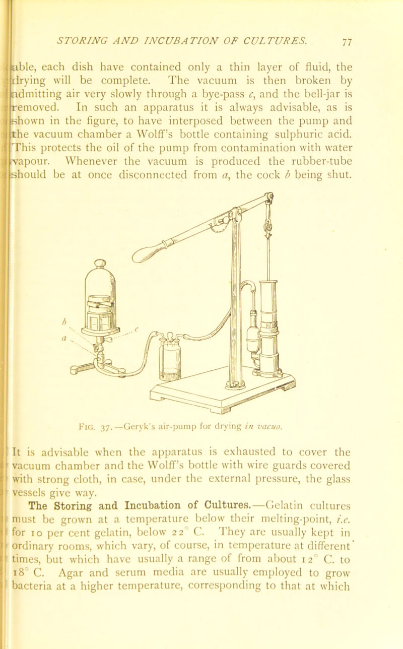 able, each dish have contained only a thin layer of fluid, the drying will be complete. The vacuum is then broken by admitting air very slowly through a bye-pass c, and the bell-jar is removed. In such an apparatus it is always advisable, as is shown in the figure, to have interposed between the pump and the vacuum chamber a Wolff’s bottle containing sulphuric acid. This protects the oil of the pump from contamination with water rvapour. Whenever the vacuum is produced the rubber-tube should be at once disconnected from a, the cock b being shut. It is advisable when the apparatus is exhausted to cover the vacuum chamber and the Wolff’s bottle with wire guards covered with strong cloth, in case, under the external pressure, the glass vessels give way. The Storing and Incubation of Cultures.—Gelatin cultures must be grown at a temperature below their melting-point, i.e. for io per cent gelatin, below 22 C. They are usually kept in ordinary rooms, which vary, of course, in temperature at different’ times, but which have usually a range of from about 120 C. to 18J C. Agar and serum media are usually employed to grow bacteria at a higher temperature, corresponding to that at which a b Fig. 37.—Geryk's air-pump for drying in vacuo.