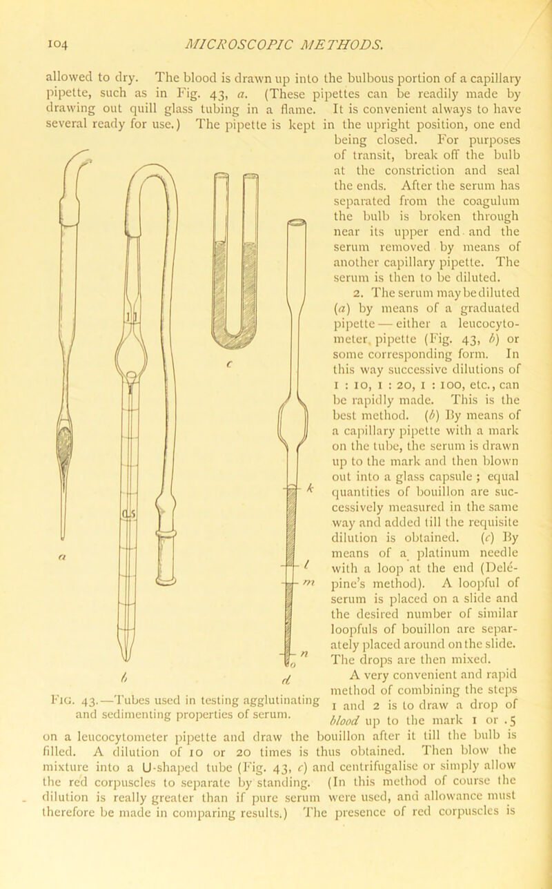 allowed to dry. The blood is drawn up into the bulbous portion of a capillary pipette, such as in Fig. 43, a. (These pipettes can be readily made by drawing out quill glass tubing in a flame. It is convenient always to have several ready for use.) The pipette is kept in the upright position, one end being closed. For purposes of transit, break off the bulb at the constriction and seal the ends. After the serum has separated from the coagulum the bulb is broken through near its upper end and the serum removed by means of another capillary pipette. The serum is then to be diluted. 2. The serum maybediluted (a) by means of a graduated pipette—either a leucocylo- meter. pipette (Fig. 43, b) or some corresponding form. In this way successive dilutions of 1 : 10, 1 : 20, 1 : 100, etc., can be rapidly made. This is the best method, (b) lly means of a capillary pipette with a mark on the tube, the serum is drawn up to the mark and then blown out into a glass capsule ; equal quantities of bouillon are suc- cessively measured in the same way and added till the requisite dilution is obtained. (c) By means of a platinum needle with a loop at the end (Dele- pine’s method). A loopful of serum is placed on a slide and the desired number of similar loopfuls of bouillon are separ- ately placed around on the slide. The drops are then mixed. A very convenient and rapid method of combining the steps 1 and 2 is to draw a drop of blood up to the mark 1 or . 5 on a leucocytometer pipette and draw the bouillon after it till the bulb is filled. A dilution of 10 or 20 times is thus obtained. Then blow the mixture into a U-shaped tube (Fig. 43, c) and centrifugalise or simply allow the red corpuscles to separate by standing. (In this method of course the dilution is really greater than if pure serum were used, and allowance must therefore be made in comparing results.) The presence of red corpuscles is Fig. 43.—Tubes used in testing agglutinating and sedimenting properties of serum.