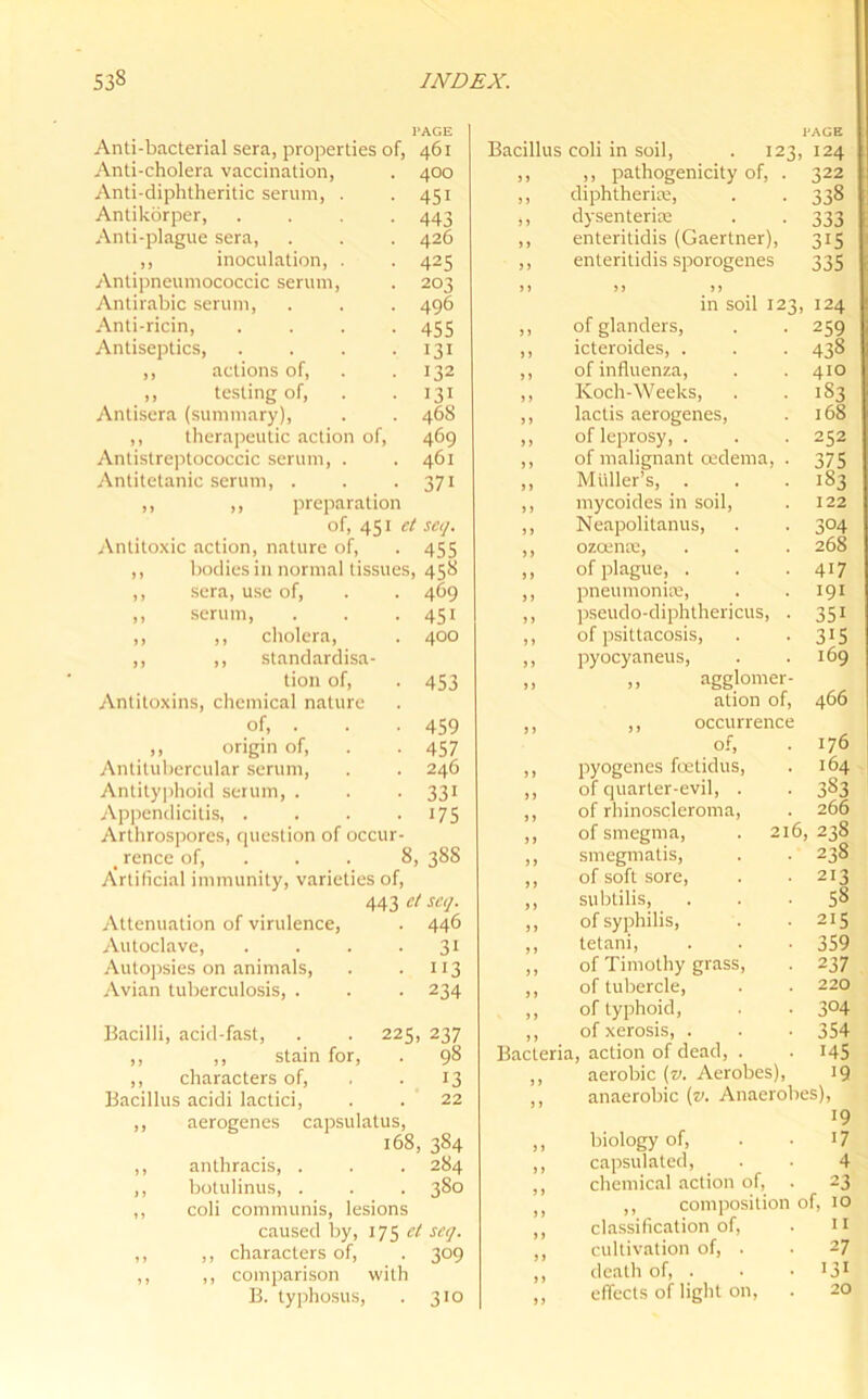 PAGE I'ACE Anti-bacterial sera, properties of, 461 Bacillus coli in soil, . 123 124 Anti-cholera vaccination, 400 J J ,, pathogenicity of, . 322 Anti-diphtheritic serum, . 45i J J diphtherias, 338 Antikorper, .... 443 j) dysenteric 333 Anti-plague sera, 426 > > enteritidis (Gaertner), 3*5 ,, inoculation, . 425 J > enteritidis sporogenes 335 Antipneumococcic serum, 203 >> yy yy Antirabic serum, 496 in soil 123 124 Anti-ricin, .... 455 J J of glanders, 259 Antiseptics, .... *3* >> icteroides, . 438 ,, actions of, 132 > J of influenza, 410 ,, testing of, *3* y y Koch-Weeks, 183 Antisera (summary), 46S >y lactis aerogenes, 168 ,, therapeutic action of, 469 yy of leprosy, . 252 Antistreptococcic serum, . 461 y y of malignant oedema, . 375 Antitetanic serum, . 37i yy Muller’s, . *83 ,, ,, preparation y y mycoides in soil, 122 of, 451 ct SCI/. y y Neapolitans, 304 Antitoxic action, nature of, 455 yy ozcenae, 268 ,, bodies in normal tissues, 458 y y of plague, . 4i7 ,, sera, use of, 4C9 yy pneumonias, 191 ,, serum, 45i y y pseudo-diphthericus, . 35* ,, ,, cholera, 400 y y of psittacosis, 3*5 ,, ,, standardisa- y y pyocyaneus, 169 tion of, 453 y y ,, agglomer- Antitoxins, chemical nature ation of, 466 of, . 459 yy ,, occurrence ,, origin of, 457 of, 176 Antilubercular serum, 246 y y pyogenes foetidus, 164 Antityphoid serum, . 33i yy of quarter-evil, . 3S3 Appendicitis, .... 175 y y of rhinoscleroma, 266 Arthrospores, question of occur- y y of smegma, . 21b, 235 t rence of, 8 388 yy smegmatis, 235 Artificial immunity, varieties of, yy of soft sore, 213 443 ct sea. y y subtilis, 58 Attenuation of virulence, 446 y y of syphilis, 215 Autoclave, .... 3i y y tetani, 359 Autopsies on animals, i*3 y y of Timothy grass, 237 Avian tuberculosis, . 234 y y of tubercle, 220 y y of typhoid, 304 Bacilli, acid-fast, . . 225 , 237 y y of xerosis, . 354 ,, ,, stain for, 98 Bacteria, action of dead, . *45 ,, characters of, *3 } > aerobic (v. Aerobes), *9 Bacillus acidi lactici, 22 j y anaerobic [v. Anaerobes), ,, aerogenes capsulatus, *9 168, .tcS4 y y biology of, *7 ,, anthracis, . 284 y y capsulated, 4 ,, bolulinus, . 380 y y chemical action of, 23 ,, coli communis, lesions y y ,, composition ot, 10 caused by, 17 e, el sea. yy classification of, I I ,, ,, characters of, 309 y y cultivation of, . 27 ,, ,, comparison with y y death of, . IS* B. typhosus, 310 y y effects of light on, 20