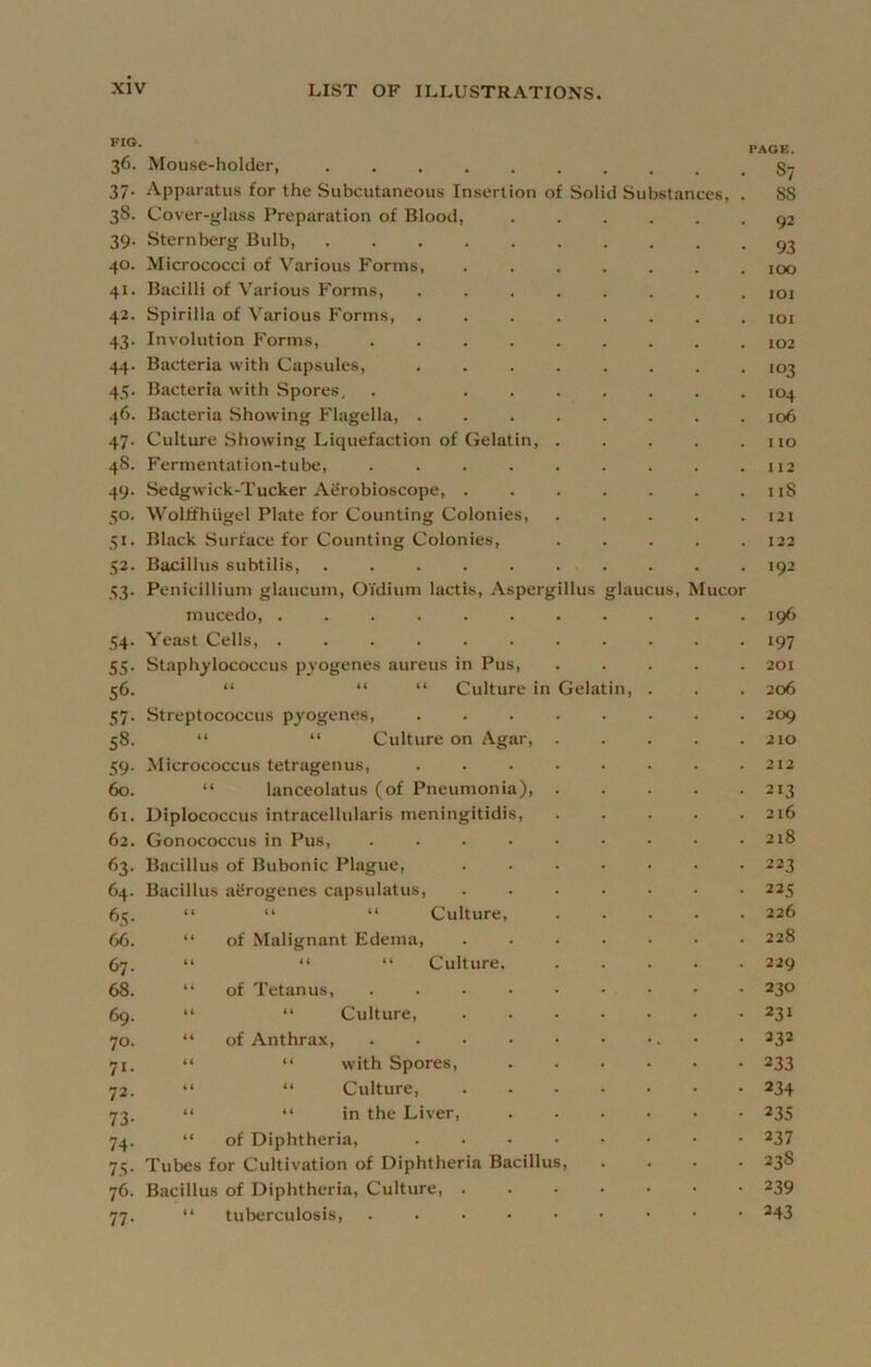 PAGE. 36. Mouse-holder, S7 37. Apparatus for the Subcutaneous Insertion of Solid Substances, . 8S 38. Cover-glass Preparation of Blood, 92 39. Sternberg Bulb, 92 40. Micrococci of Various Forms, . . . . . . .100 41. Bacilli of Various Forms, ........ loi 42. Spirilla of Various Forms, loi 43. Involution Forms, 102 44. Bacteria with Capsules, ........ 103 45. Bacteria with Spores, . ....... 104 46. Bacteria Showing I'lagella, ........ 106 47. Culture Showing Liquefaction of Gelatin, . . . . .110 48. Fermentation-tube, . . . . . . . . .112 49. Sedgwick-Tucker Aerobioscope, . 118 50. Wolffhiigel Plate for Counting Colonies, . . . . .121 51. Black Surface for Counting Colonies, ..... 122 52. Bacillus subtilis, . . . . 192 53. Penicillium glaucum, Oidium lactis, Aspergillus glaucus, Mucor mucedo, . 196 54. Yeast Cells, 197 55. Staphylococcus pyogenes aureus in Pus, ..... 201 56. “ “ “ Culture in Gelatin, . . . 206 57. Streptococcus pyogenes, 209 58. “ “ Culture on Agar, . . . . .210 59. Micrococcus tetragenus, ........ 212 60. “ lanceolatus (of Pneumonia) 213 61. Diplococcus intracellularis meningitidis, ..... 216 62. Gonococcus in Pus, 218 63. Bacillus of Bubonic Plague, ....... 223 64. Bacillus aerogenes capsulatus, ....... 225 65. “ “ “ Culture, 226 66. “ of Malignant Edema, ....... 228 67. “ “ “ Culture 229 68. “ of Tetanus, 230 69. “ “ Culture, 231 70. “ of Anthrax, . . ■ • • • •. • • 232 71. “ “ with Spores, 233 72. “ “ Culture, • 234 73. “ “ in the Liver, ...... 235 74. “ of Diphtheria, ........ 237 75. Tubes for Cultivation of Diphtheria Bacillus, .... 238 76. Bacillus of Diphtheria, Culture, .....•• 239 77. “ tuberculosis, 243