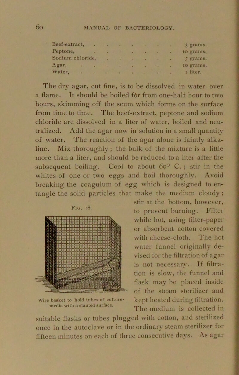 Beef-extract, 3 grams. Peptone, ....... 10 grams. Sodium chloride, ...... 5 grams. Agar, ........ 10 grams. Water i liter. The dry agar, cut fine, is to be dissolved in water over a flame. It should be boiled f6r from one-half hour to two hours, skimming off the scum which forms on the surface from time to time. The beef-extract, peptone and sodium chloride are dissolved in a liter of water, boiled and neu- tralized. Add the agar now in solution in a small quantity of water. The reaction of the agar alone is faintly alka- line. Mix thoroughly ; the bulk of the mixture is a little more than a liter, and should be reduced to a liter after the subsequent boiling. Cool to about 60° C.; stir in the whites of one or two eggs and boil thoroughly. Avoid breaking the coagulum of egg which is designed to en- tangle the solid particles that make the medium cloudy ; stir at the bottom, how^ever, to prevent burning. Filter while hot, using filter-paper or absorbent cotton covered w'ith clieese-cloth. The hot water funnel originally de- vised for the filtration of agar is not necessary. If filtra- tion is slow, the funnel and flask may be placed inside of the steam sterilizer and kept heated during filtration. The medium is collected in suitable flasks or tubes plugged with cotton, and sterilized once in the autoclave or in the ordinary steam sterilizer for fifteen minutes on each of three consecutive days. As agar Fig. 18. Wire basket to hold tubes of culture- media with a slanted surface.