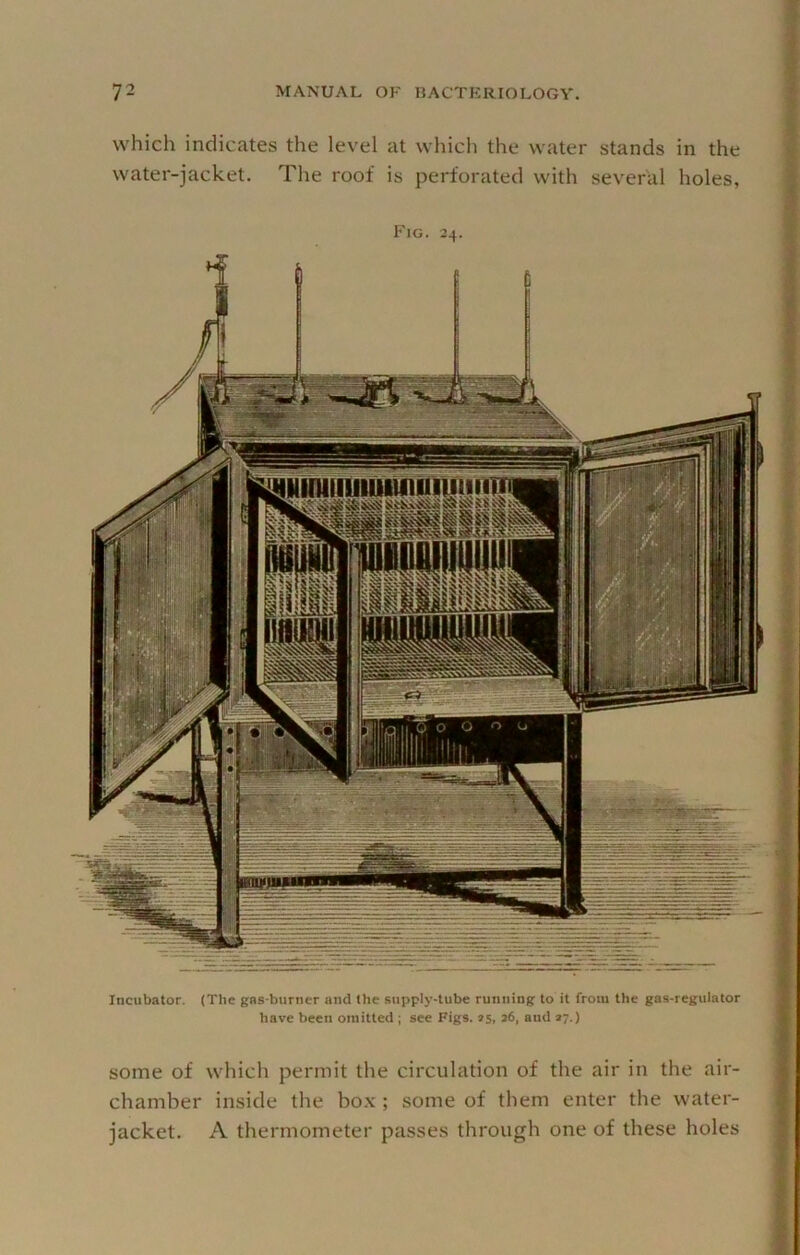 which indicates the level at whicli the water stands in the water-jacket. The roof is perforated with several holes, Incubator. (The gas-burner and the supply-tube running to it from the gas-regulator have been omitted ; see Figs. 95, j6, and 97.) some of which permit the circulation of the air in the air- chamber inside the box ; some of them enter the water- jacket. A thermometer passes through one of these holes