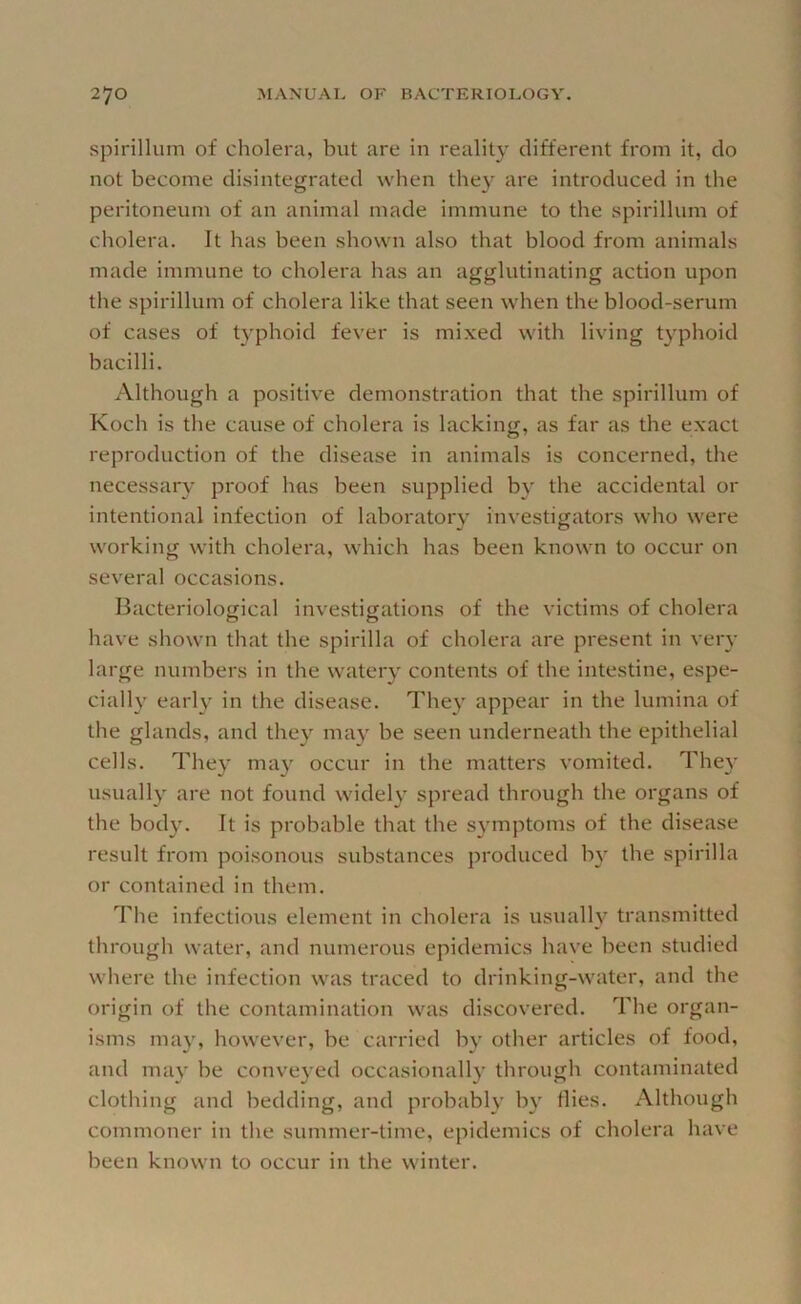 spirillum of cholera, but are in reality different from it, do not become disintegrated when they are introduced in the peritoneum of an animal made immune to the spirillum of cholera. It has been shown also that blood from animals made immune to cholera has an agglutinating action upon the spirillum of cholera like that seen when the blood-serum of cases of typhoid fever is mixed with living typhoid bacilli. Although a positive demonstration that the spirillum of Koch is the cause of cholera is lacking, as far as the exact reproduction of the disease in animals is concerned, the necessary proof has been supplied by the accidental or intentional Infection of laboratory investigators who were working with cholera, which has been known to occur on several occasions. Bacteriological investigations of the victims of cholera have shown that the spirilla of cholera are present in veiw large numbers in the watery contents of the intestine, espe- cially early in the disease. They appear in the lumina of the glands, and they may be seen underneath the epithelial cells. They ma}' occur in the matters vomited. They usually are not found widely spread through the organs of the bod}'. It is probable that the symptoms of the disease result from poisonous substances produced b}' the spirilla or contained in them. The infectious element in cholera is usually transmitted through water, and numerous epidemics have been studied where the infection was traced to drinking-water, and the origin of the contamination was discovered. The organ- isms may, how'ever, be carried by other articles of food, and may be conve}'ed occasionally through contaminated clothing and bedding, and probably by flies. Although commoner in the summer-time, epidemics of cholera have been known to occur in the winter.