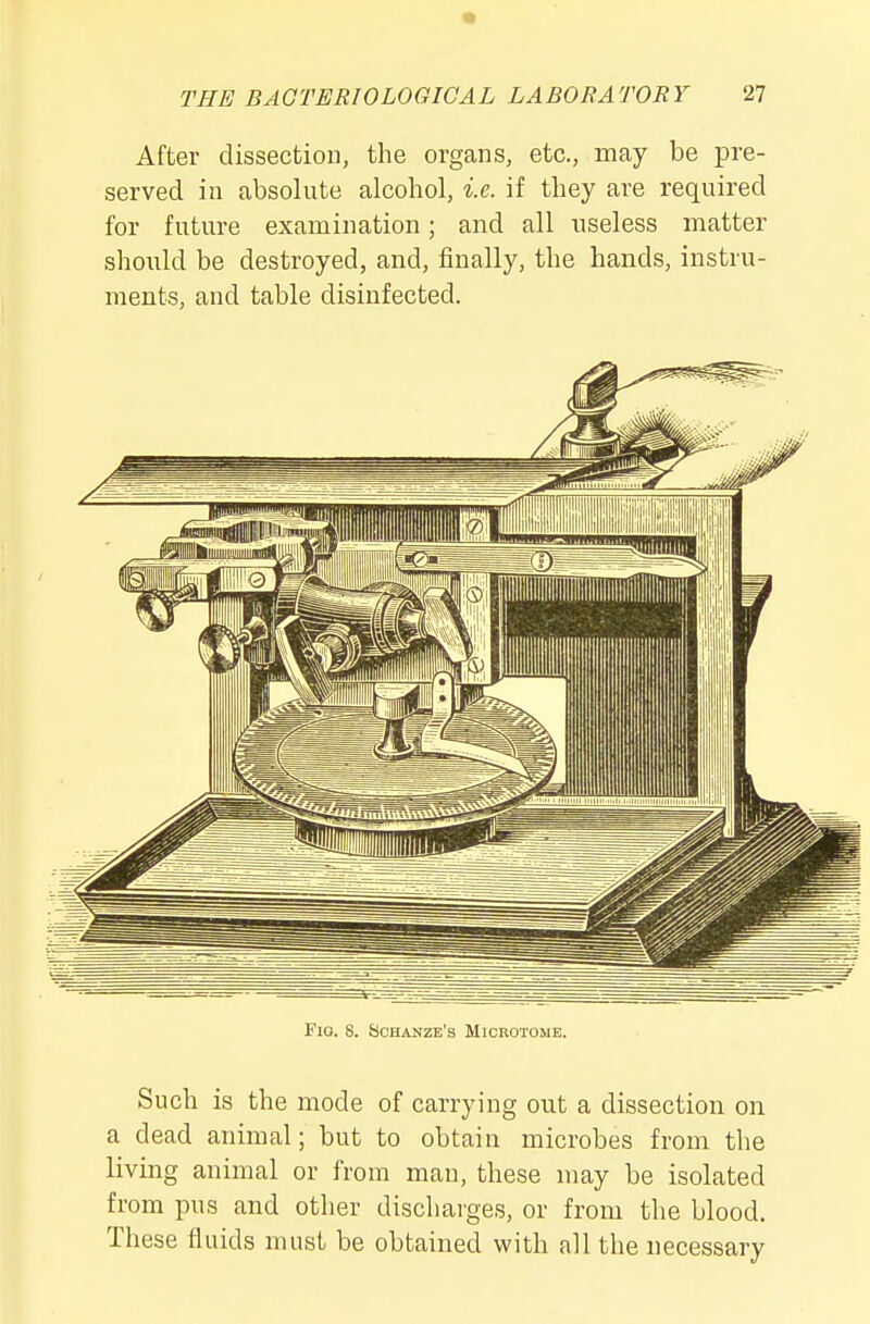 After dissection, the organs, etc., may be pre- served in absolute alcohol, i.e. if they are required for future examination; and all useless matter should be destroyed, and, finally, the hands, instru- ments, and table disinfected. Fio. 8. Schanze's Microtome. Such is the mode of carrying out a dissection on a dead animal; but to obtain microbes from the living animal or from man, these may be isolated from pus and other discharges, or from the blood. These fluids must be obtained with all the necessary