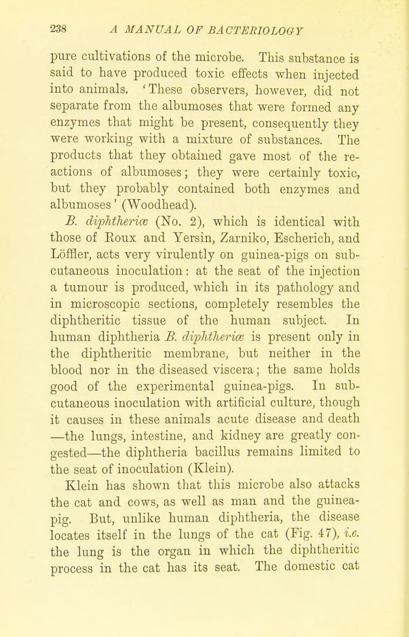 pure cultivations of the microbe. This substance is said to have produced toxic effects when injected into animals. 'These observers, however, did not separate from the albumoses that were formed any enzymes that might be present, consequently they were working with a mixture of substances. The products that they obtained gave most of the re- actions of albumoses; they were certainly toxic, but they probably contained both enzymes and albumoses' (Woodhead). B. dipMherice (No. 2), which is identical with those of Koux and Yersin, Zarniko, Escherich, and Loffler, acts very virulently on guinea-pigs on sub- cutaneous inoculation: at the seat of the injection a tumour is produced, which in its pathology and in microscopic sections, completely resembles the diphtheritic tissue of the human subject. In human diphtheria B. dipMherice is present only in the diphtheritic membrane, but neither in the blood nor in the diseased viscera; the same holds good of the experimental guinea-pigs. In sub- cutaneous inoculation with artificial culture, though it causes in these animals acute disease and death —the lungs, intestine, and kidney are greatly con- gested—the diphtheria bacillus remains limited to the seat of inoculation (Klein). Klein has shown that this microbe also attacks the cat and cows, as well as man and the guinea- pig. But, unlike human diphtheria, the disease locates itself in the lungs of the cat (Fig. 47), i.e. the lung is the organ in which the diphtheritic process in the cat has its seat. The domestic cat