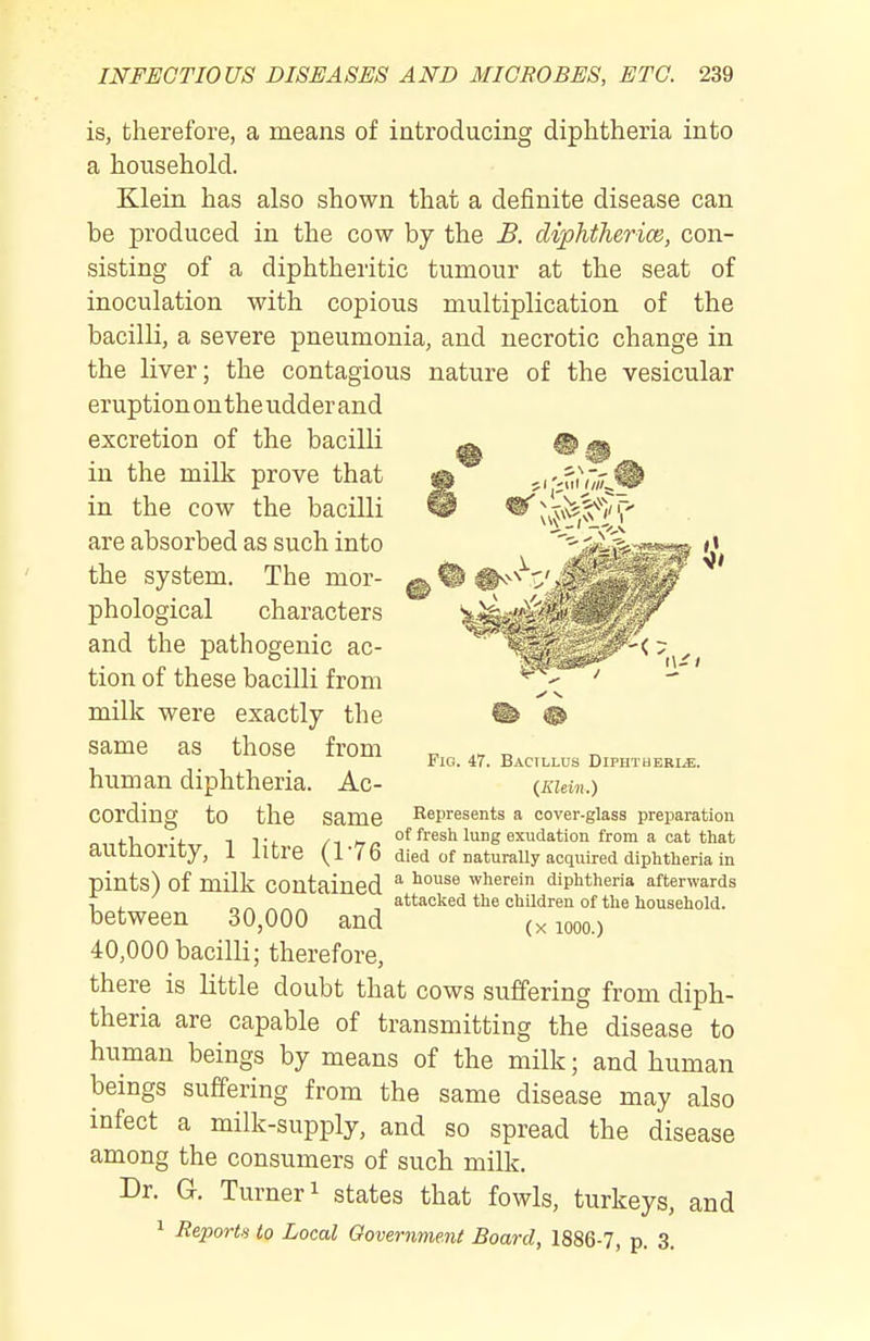 is, therefore, a means of introducing diphtheria into a household. Klein has also shown that a definite disease can be produced in the cow by the B. diphtherice, con- sisting of a diphtheritic tumour at the seat of inoculation with copious multiplication of the bacilli, a severe pneumonia, and necrotic change in the liver; the contagious nature of the vesicular eruption on the udder and excretion of the bacilli ^ ^ m in the milk prove that p si'-fiuT/Tj in the cow the bacilli W ^l^^^P^'?' are absorbed as such into '''^^^-^S^^S^ (ji the system. The mor- ^ ^ . ' ' if phological characters and the pathogenic ac tion of these bacilli from ^■-^ , [i milk were exactly the ^ ® same as those from human diphtheria. Ac- cording to the same Represents a cover-glass preparation Fig. 47. Bacillus DiPHTUERLfi. human diphtheria. Ac- (liuin.) ,1 •, ^ ^■ L /I frp of fresh lung exudation from a oat that aUtnonty, l litre (1'76 died of naturally acquired diphtheria in pints) of milk contained ^ wherein diphtheria afterwards , , „ „ attacked the children of the household. between 30,000 and (x looo.) 40,000 bacilli; therefore, there is little doubt that cows suffering from diph- theria are capable of transmitting the disease to human beings by means of the milk; and human beings suffering from the same disease may also infect a milk-supply, and so spread the disease among the consumers of such milk. Dr. G. Turner! states that fowls, turkeys, and 1 Beports to Local Oovernme.nt Board, 1886-7, p. 3.