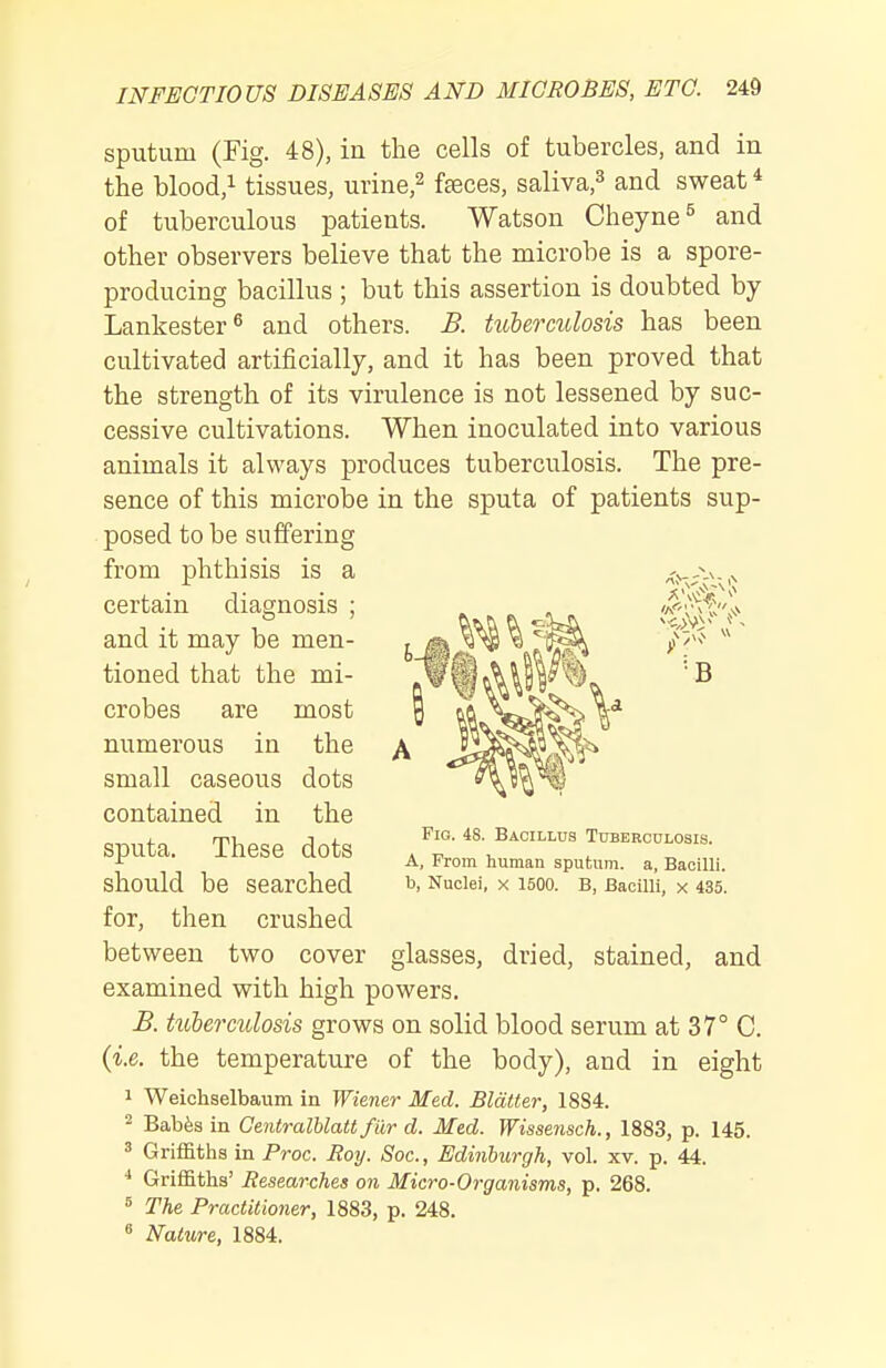 sputum (Fig. 48), in the cells of tubercles, and in the blood,! tissues, urine,^ faeces, saliva,^ and sweat * of tuberculous patients. Watson Cheyne^ and other observers believe that the microbe is a spore- producing bacillus ; but this assertion is doubted by Lankester^ and others. B. hihermlosis has been cultivated artificially, and it has been proved that the strength of its virulence is not lessened by suc- cessive cultivations. When inoculated into various animals it always produces tuberculosis. The pre- sence of this microbe in the sputa of patients sup- posed to be suffering from phthisis is a certain diagnosis ; and it may be men- tioned that the mi- crobes are most numerous in the small caseous dots contained in the sputa. These dots should be searched for, then crushed between two cover glasses, dried, stained, and examined with high powers. B. hobermiosis grows on solid blood serum at 37° C. (i.e. the temperature of the body), and in eight 1 Weichselbaum in Wiener Med. Blatter, 1884. - Babfes in Centralblatt fur d. Med. Wissenach., 1883, p. 145. ' Griffiths in Proc. Roy. Soc., Edinburgh, vol. xv. p. 44, * Griffiths' Researches on Micro-Organisms, p. 268. « The Practitioner, 1883, p. 248.  Nature, 1884. Pio. 48. Bacillus TuBERcnLosis. A, From human sputum, a, Bacilli, b, Nuclei, x 1500. B, Bacilli, x 435.