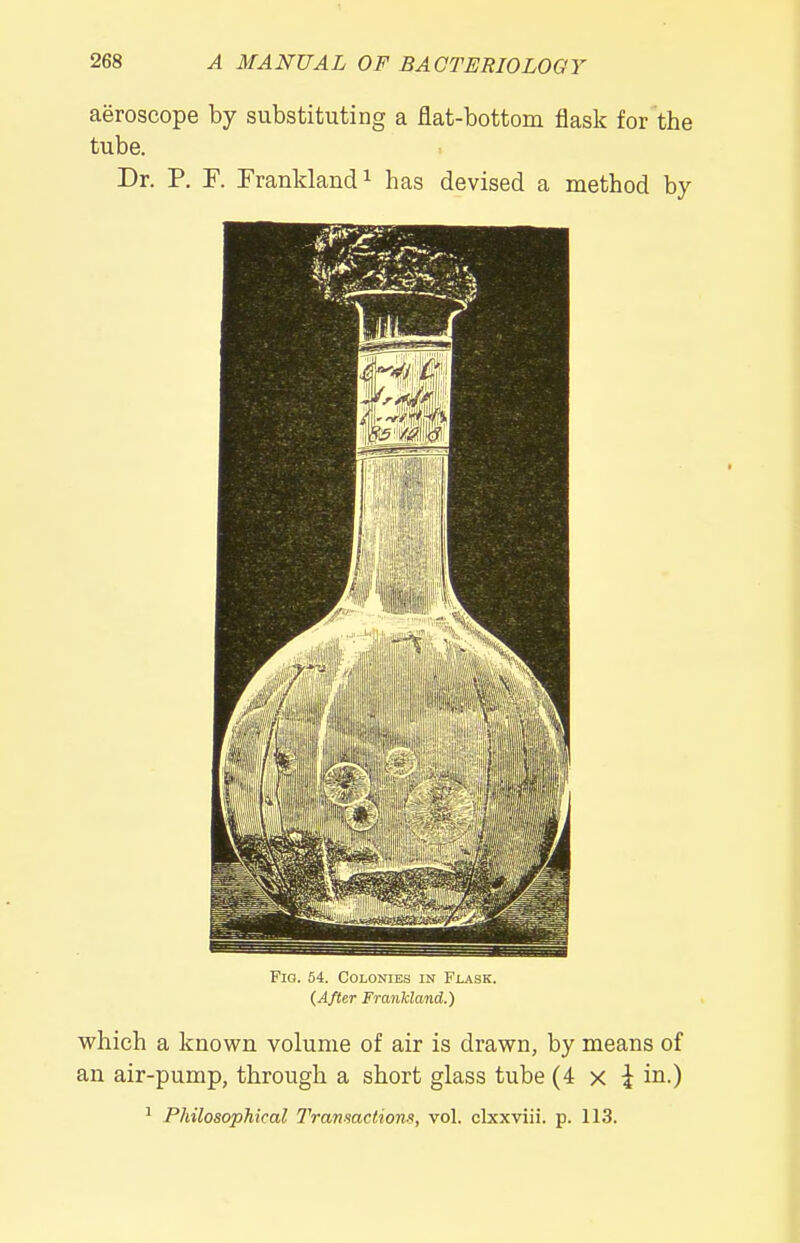 aeroscope by substituting a flat-bottom flask for the tube. Dr. P. F. FranMandi has devised a method by Fig. 64. Colonies in Flask. {After Frankland.) which a known volume of air is drawn, by means of an air-pump, through a short glass tube (4 x i in.)