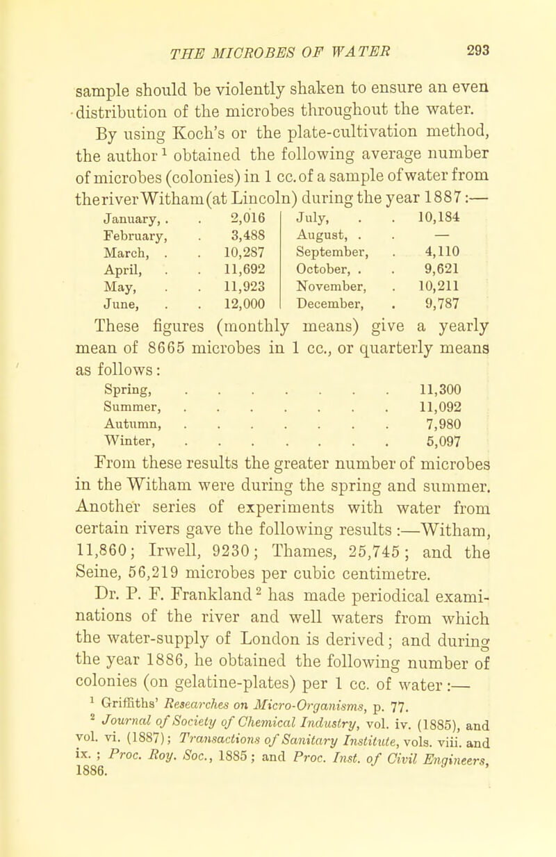 sample should be violently shaken to ensure an even • distribution of the microbes throughout the water. By using Koch's or the plate-cultivation method, the author ^ obtained the following average number of microbes (colonies) in 1 cc.of a sample of water from theriverWitham(at Lincoln) during the year 1887:— January, . February, March, . April, May, June, These 2,016 3,488 10,287 11,692 11,923 12,000 July, August, . September, October, . November, December, 10,184 4,110 9,621 10,211 9,787 yearly figures (monthly means) give a mean of 8665 microbes in 1 cc, or quarterly means as follows: Spring, 11,300 Summer, 11,092 Autumn, 7,980 Winter, 5,097 From these results the greater number of microbes in the Witham were during the spring and summer. Another series of experiments with water from certain rivers gave the following results :—Witham, 11,860; Irwell, 9230; Thames, 25,745; and the Seine, 56,219 microbes per cubic centimetre. Dr. P. F. Frankland ^ has made periodical exami- nations of the river and well waters from which the water-supply of London is derived; and during the year 1886, he obtained the following number of colonies (on gelatine-plates) per 1 cc. of water:— 1 Griffiths' Researches on Micro-Organisms, p. 77. * Journal of Society of Chemical Industry, vol. iv. (1885), and vol. vi. (1887); Transactions of Sanitary Institute, vols. viii. &nd ix. ; Proc. Roy. Soc, 1885; and Proc. Inst, of Civil Enqineers 1886.