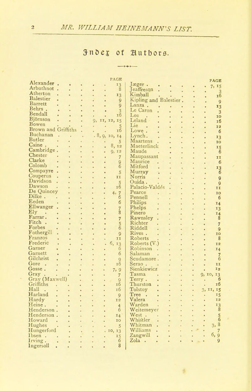 5n&ej of autljors. Alexander Arbuthnot Alherton Bales tier Barrett Behrs . Bendall Bjfirnson Bowen Brown and Buchanan Butler Caine . Cambridge Chester Clarke Colomb Compayre Couperus Davidson Dawson De Quincey Dilke . Eeden Ellwanger Ely . Farrar. Fitch . Forbes Fothergill Franzos Frederic Garner Garnett Gilchrist Gore . Gosse . Gray . Gray (Max Griffiths Hall . Harland Hardy Heine . Henderson Henderson Howard Hughes Hungerford Ibsen . Irving . Ingersoll , Griffiths ell) PAGE 13 Jseger . 8 Jeaffireson . 13 Kimball 9 Kipling and Ea 9 Lanza . , 3 Le Caron . 16 Lee . , 12. 15 Leiand 5 Lie . . 16 Lowe . 10, 14 Lynch. 5 Maartens . 8, 12 Maeterlinck 9. r2 Maude 7 Maupassant 9 Maurice 6 Mitford 5 Murray II Norris S Ouida. 16 Palacio-Vald(?s 4. 7 Pearce 6 Pennell 6 Philips 7 Phelps 8 Pinero 7 Rawnsley . 5 Richter 6 Riddell 9 Rives . 6> 13 Roberts (V.) 6 Robinson . 6 Salaman 9 Scudamore . 16 Serao . 7. 9 Sienldewicz 7 Tasma 9 Terry . . 16 Thurston . 16 Tolstoy 9 Tree . 12 Valera 4 Warden 6 Weitemeyer 14 West . 10 Whistler . 5 Whitman . TO, 13 Williams . IS Zangwill 6 8 Zola . Ealestier.