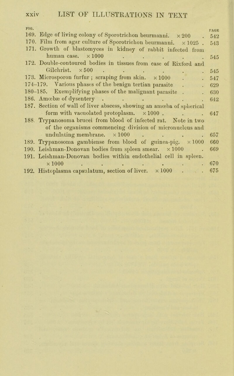 FIG. 169. Edge of living colony of Sporotrichon benrmanni. x 200 170. Film from agar culture of Sporotrichon beurmanni. x 1025 . 171. Growth of blastomyces in kidney of rabbit infected from human case. x 1000 . 172. Double-contoured bodies in tissues from case of Rixford and Gilchrist, x 500 ...... 173. Microsporon furfur ; scraping from skin. x 1000 174-179. Various phases of the benign tertian parasite 180-185. Exemplifying phases of the malignant parasite . 186. Amoebae of dysentery ...... 187. Section of wall of liver abscess, showing an amoeba of spherical form with vacuolated protoplasm. x 1000 . 188. Trypanosoma brucei from blood of infected rat. Note in two of the organisms commencing division of micronucleus and undulating membrane. x 1000 .... 189. Trypanosoma gambiense from blood of guinea-pig. xlOOO 190. Leishman-Donovan bodies from spleen smear. xlOOO 191. Leishman-Donovan bodies within endothelial cell in spleen. x1000 . . ..... 192. Histoplasma capsulatum, section of liver. xlOOO I’AGE 542 543 545 545 547 629 630 642 647 657 660 669 670 675